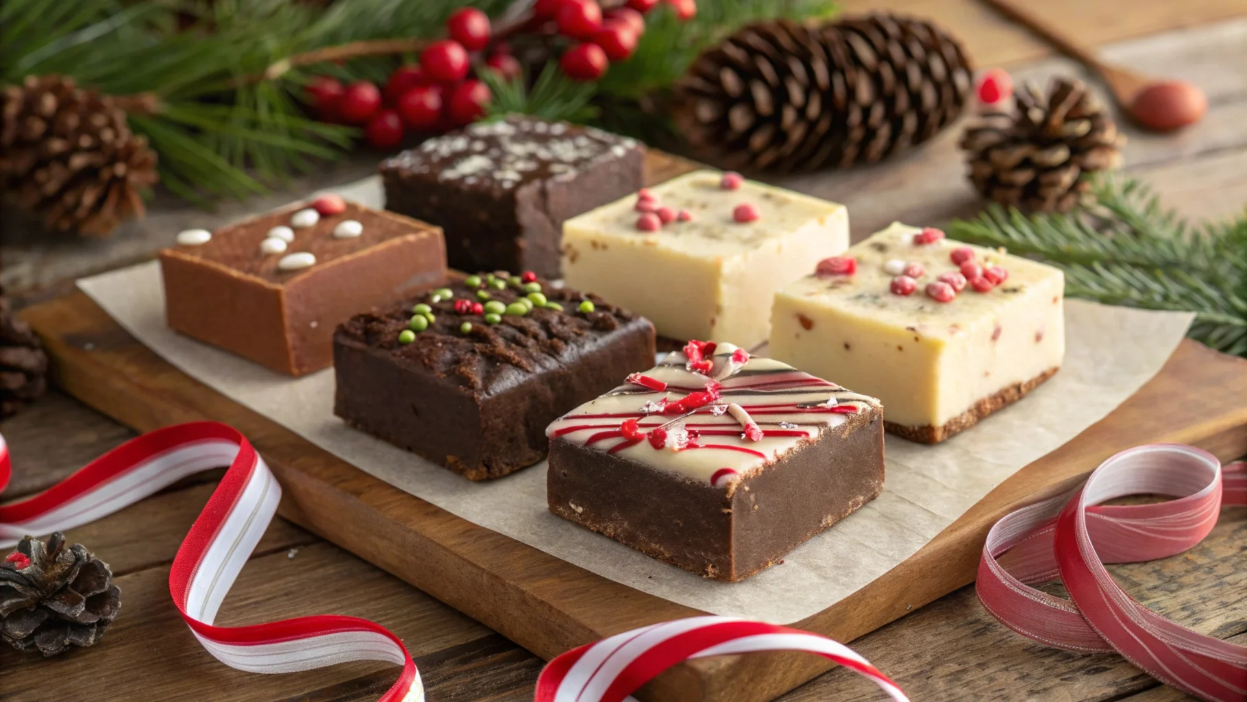 A festive display of assorted Christmas fudge flavors, including chocolate, peppermint, and caramel, decorated with holiday sprinkles and served on a rustic wooden tray.