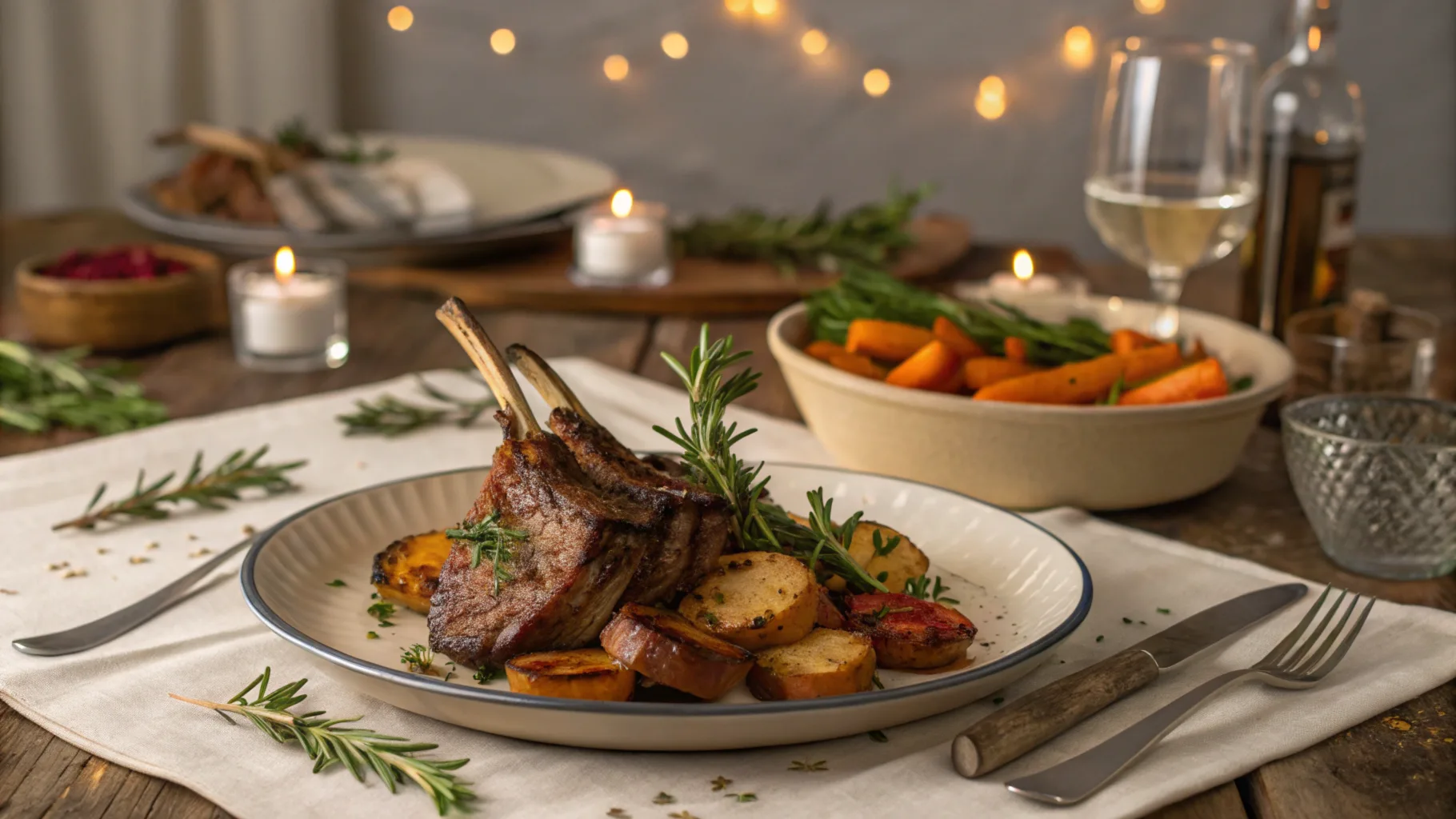 A rustic dining table with a plated goat meat dish, garnished with fresh herbs and roasted vegetables, showcasing the best goat meat cuts