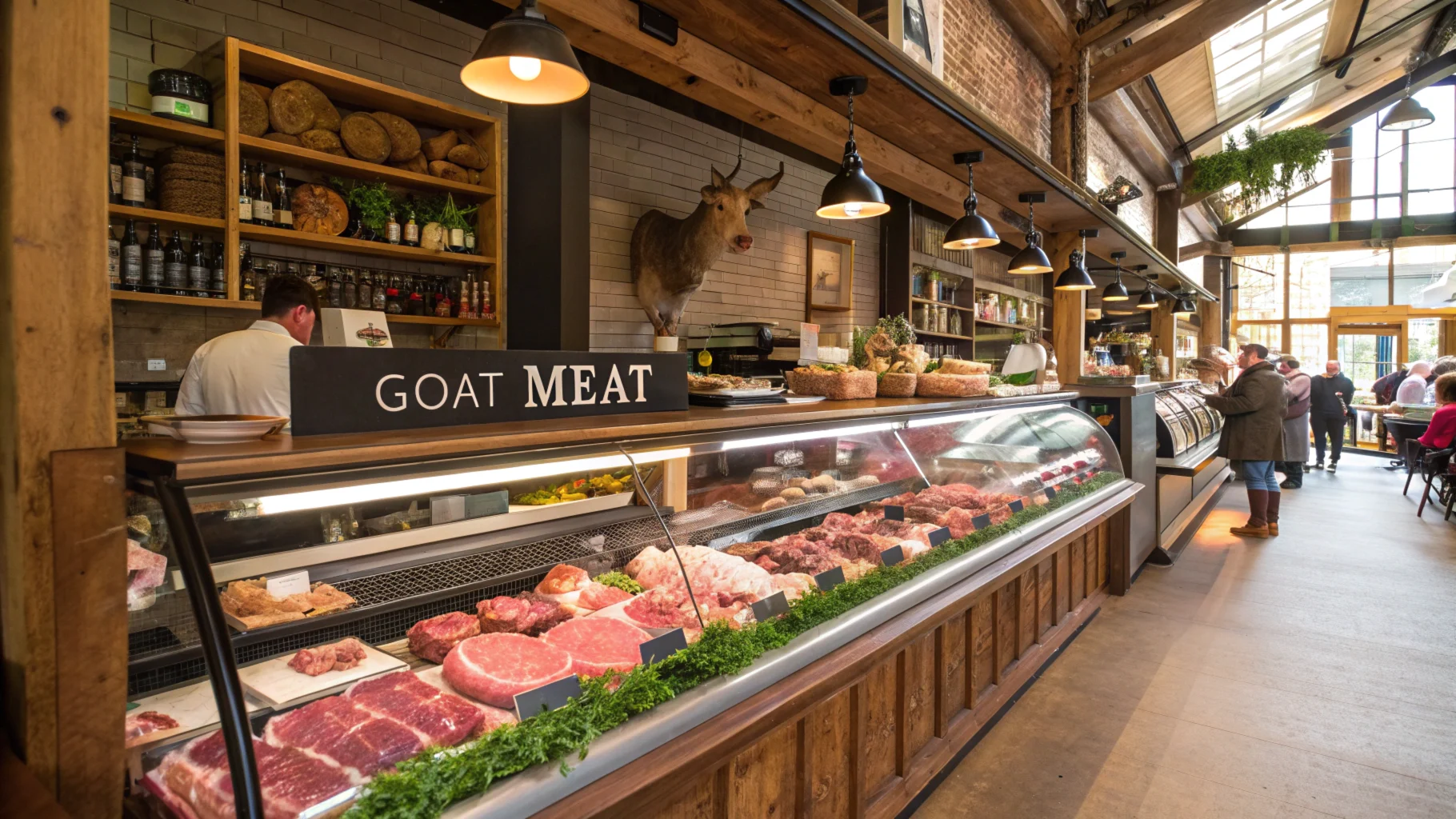 A butcher's counter displaying fresh cuts of various meats, including goat meat, with a label emphasizing its nutritional benefits and uniqueness.