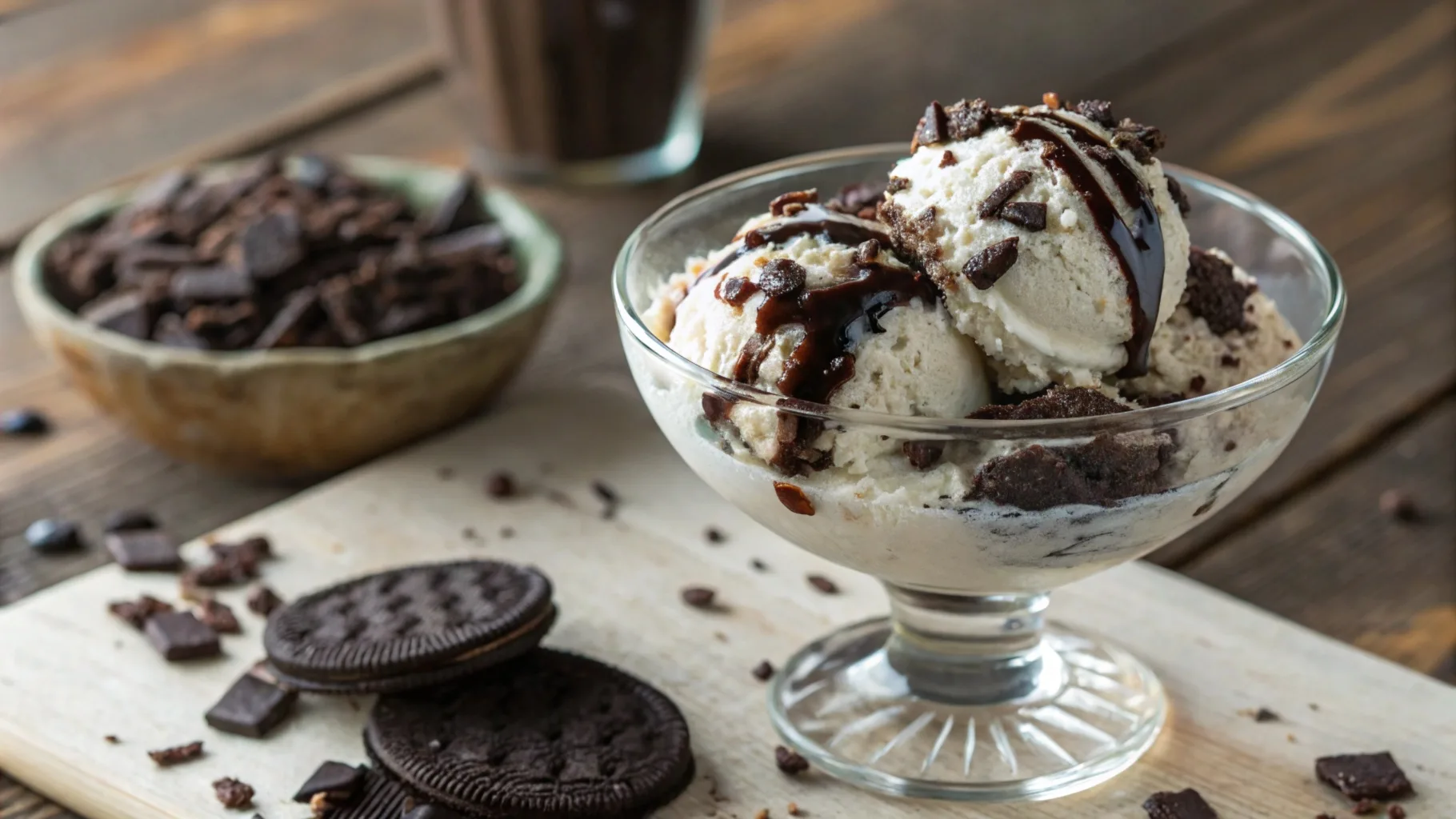 A scoop of creamy cookies and cream ice cream topped with crushed chocolate cookies, served in a stylish glass bowl on a rustic wooden table.