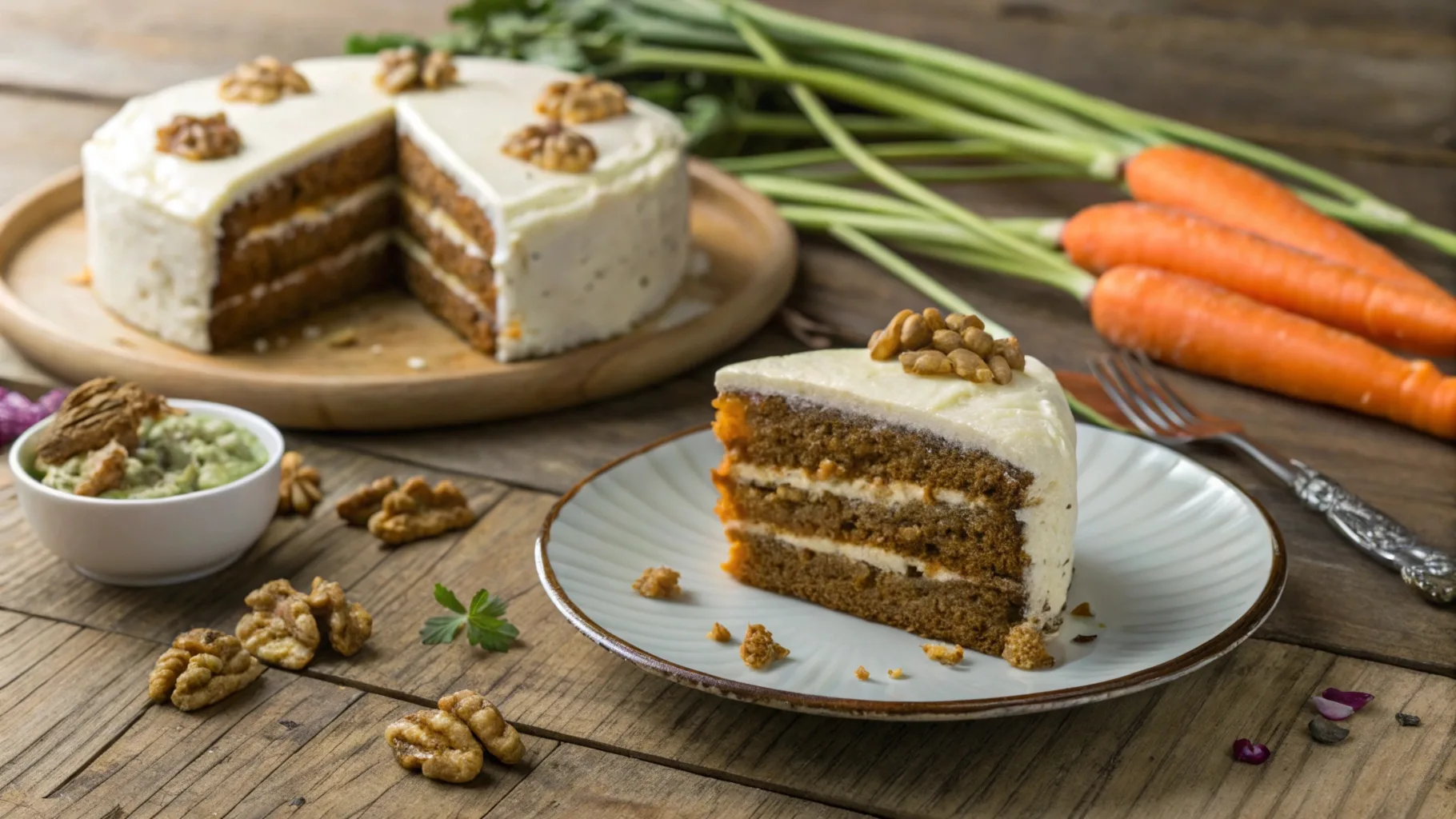 "A slice of homemade carrot cake with cream cheese frosting, garnished with walnuts and shredded carrots, served on a rustic wooden plate."