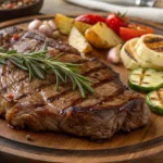 A perfectly cooked Delmonico steak served on a wooden board, garnished with fresh rosemary and accompanied by grilled vegetables