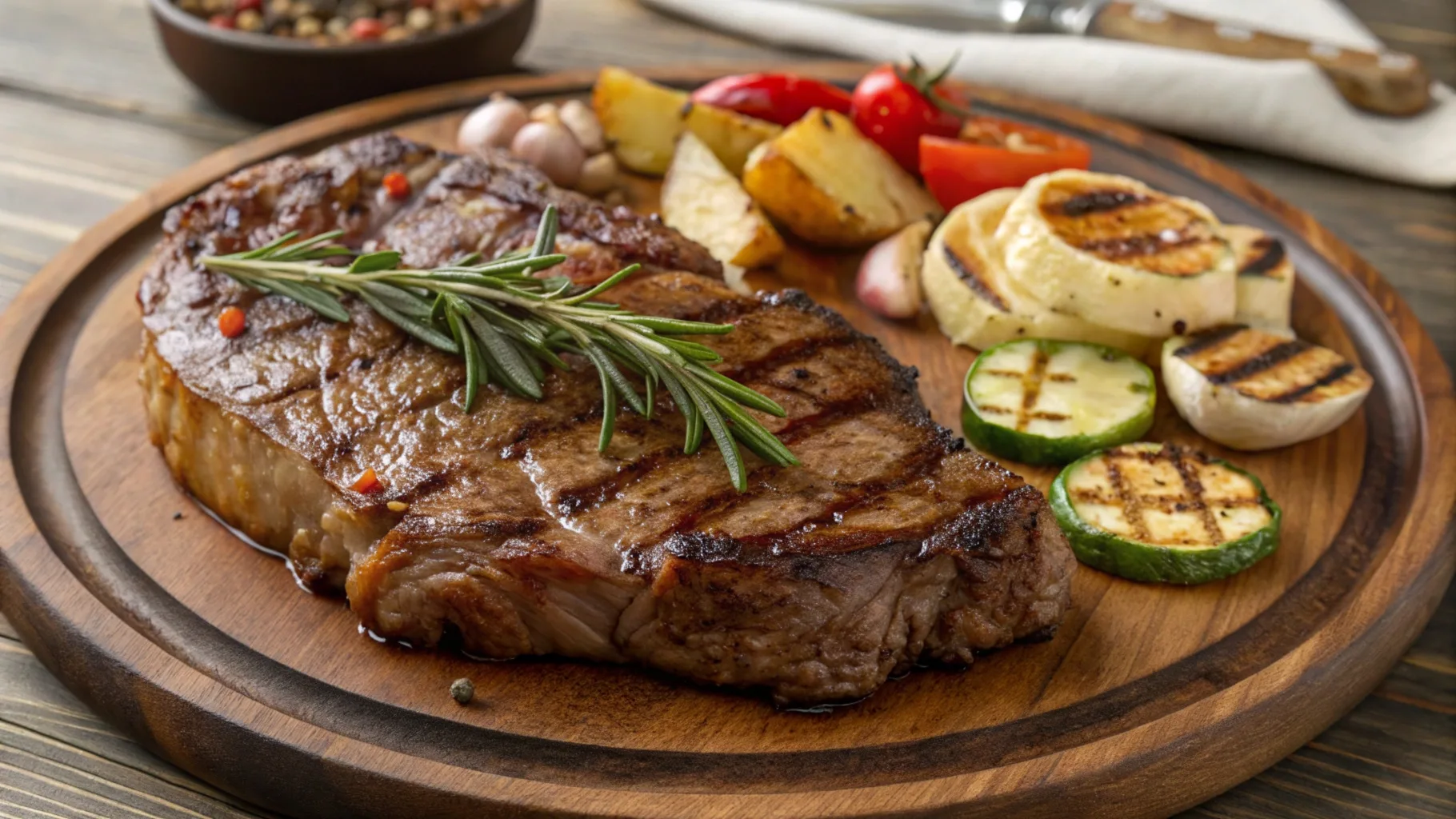 A perfectly cooked Delmonico steak served on a wooden board, garnished with fresh rosemary and accompanied by grilled vegetables