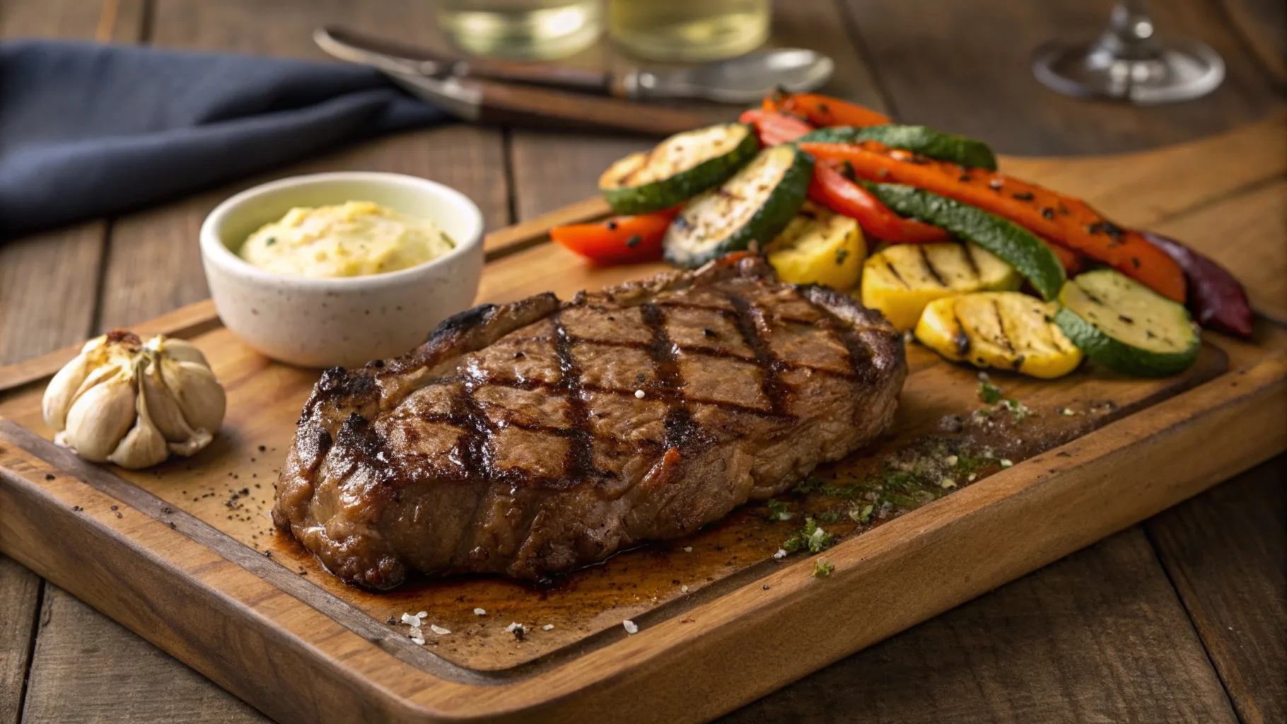 A perfectly cooked Delmonico steak on a wooden board, garnished with fresh rosemary and served with a side of garlic butter and grilled vegetables