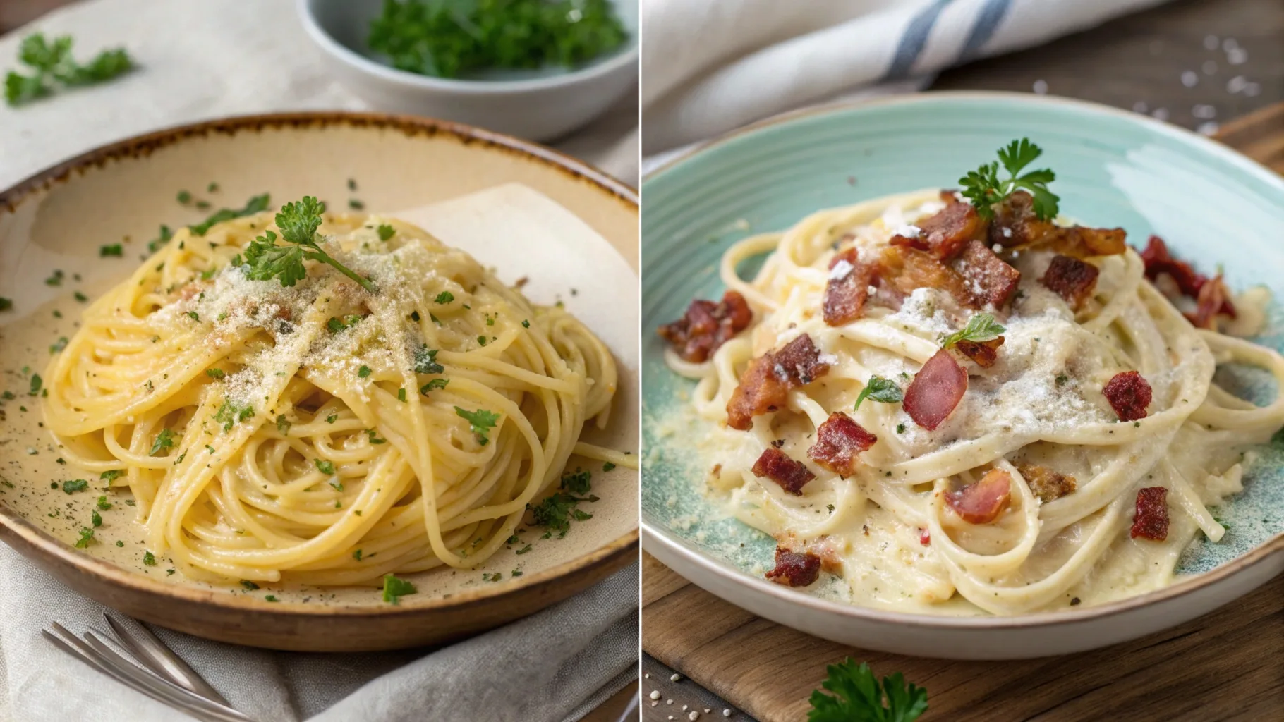 A side-by-side comparison of traditional Italian carbonara with guanciale and Pecorino Romano and American carbonara with cream and bacon, served on rustic plates.