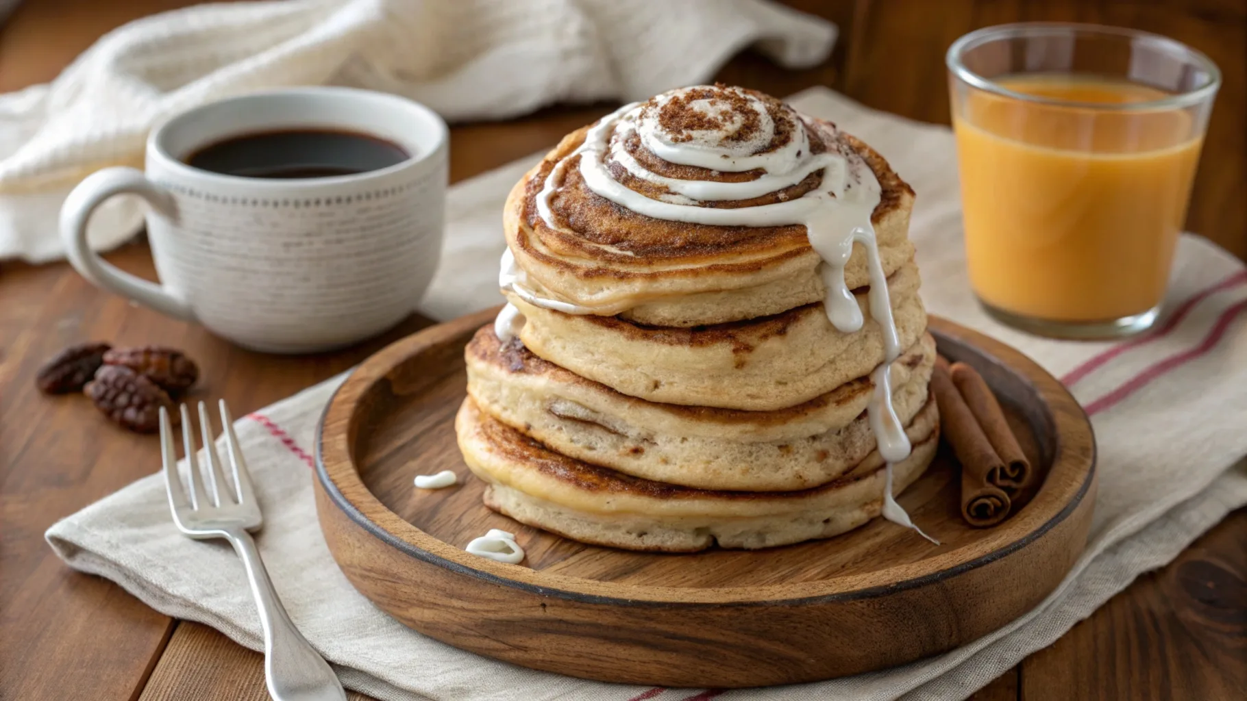 A tall stack of cinnamon roll pancakes topped with cream cheese glaze and a sprinkle of cinnamon, served on a rustic wooden table with a glass of orange juice and fresh berries.