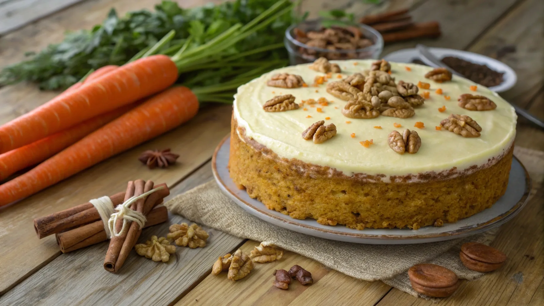 A moist and fluffy slice of healthy carrot cake topped with cream cheese frosting, garnished with chopped walnuts and shredded carrots.