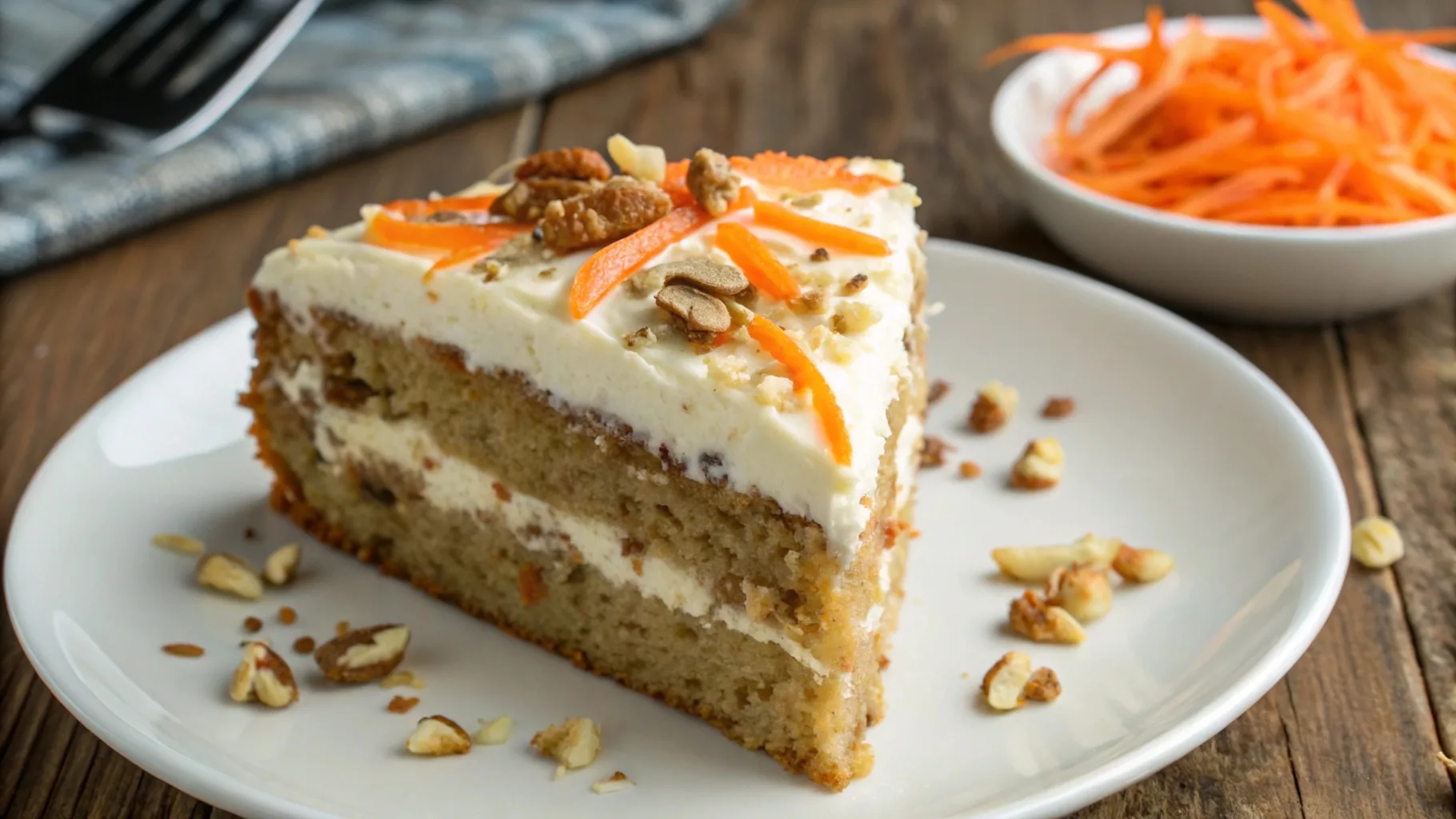 A moist slice of carrot cake with cream cheese frosting, garnished with shredded carrots and chopped walnuts, served on a white plate.