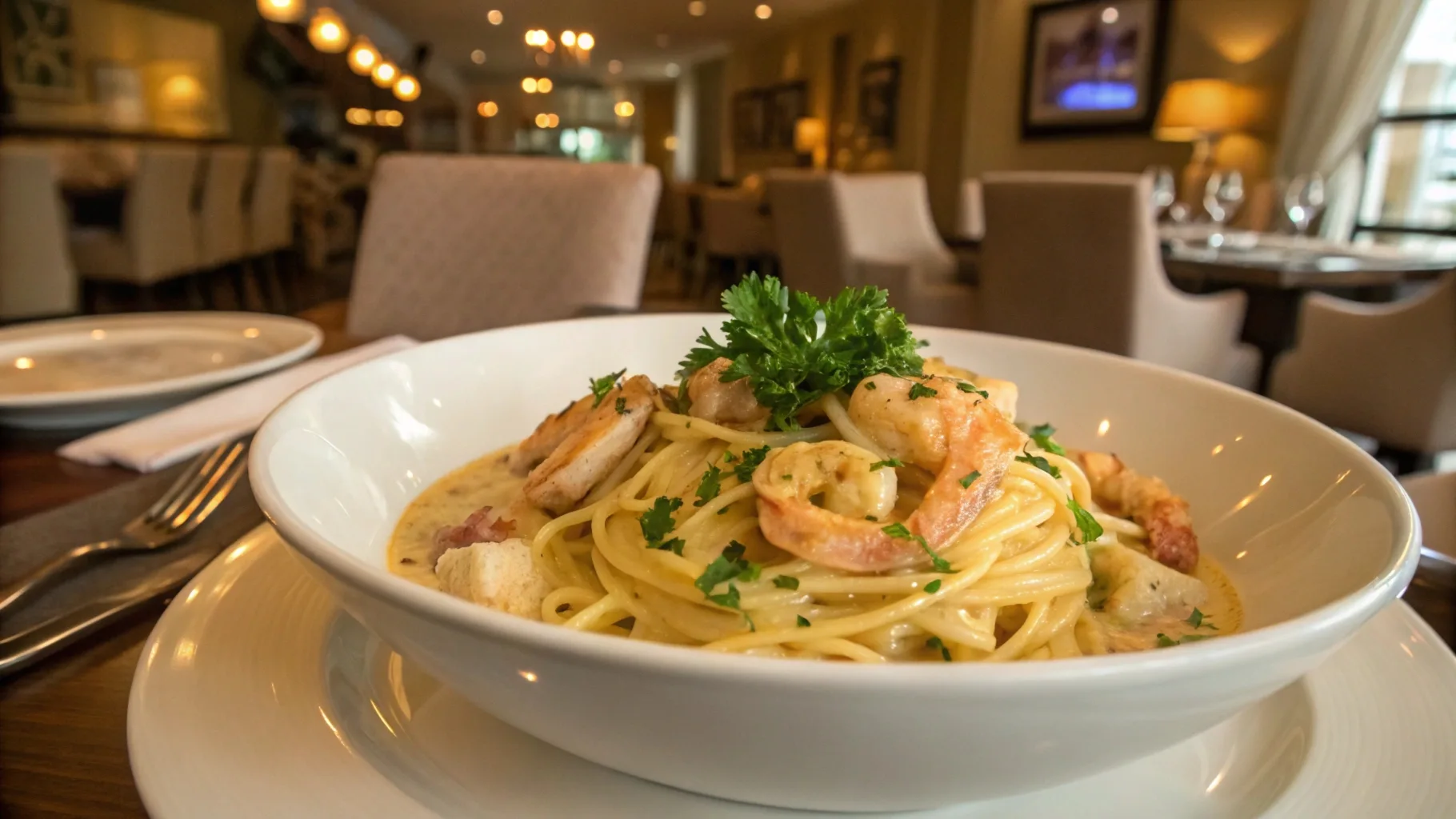 A bowl of creamy chicken and shrimp carbonara pasta with spaghetti, bacon, and roasted red peppers, served in a cozy restaurant setting.