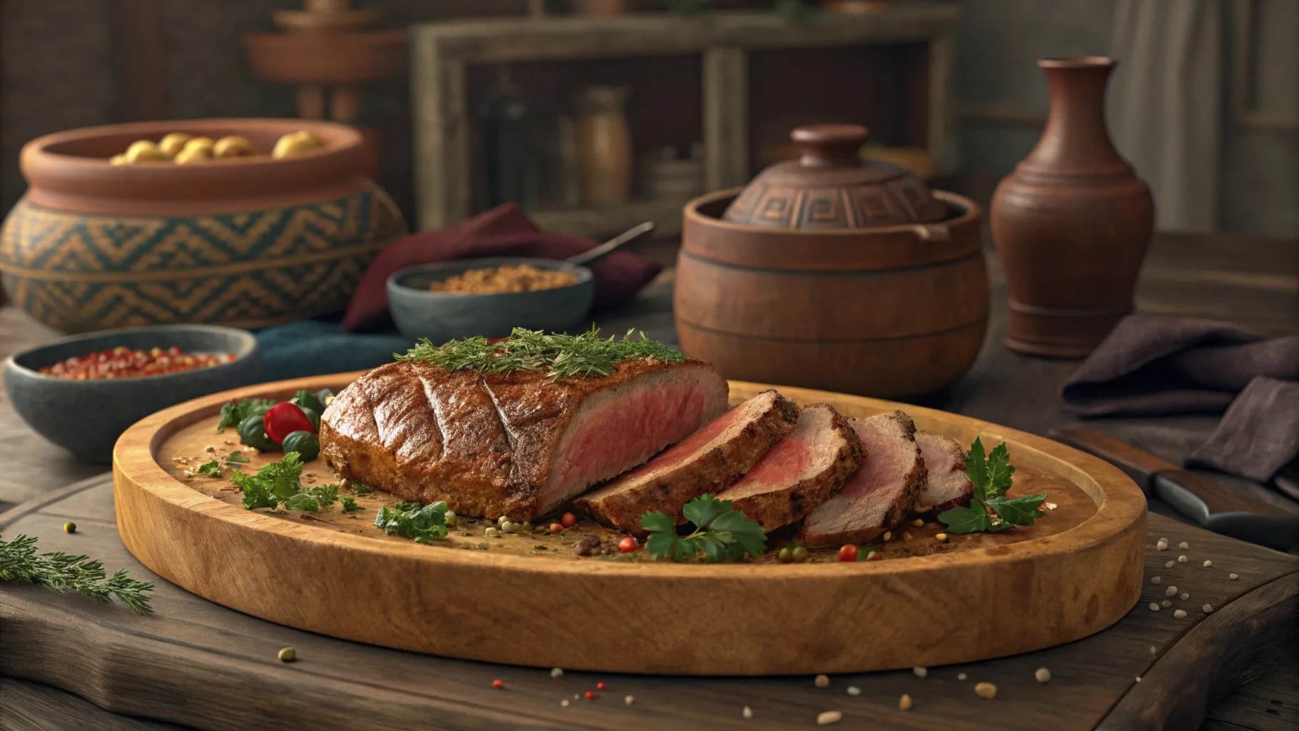 Close-up of cooked goat meat served with fresh herbs, illustrating the concept of 'chevon' as a culinary term for goat meat.