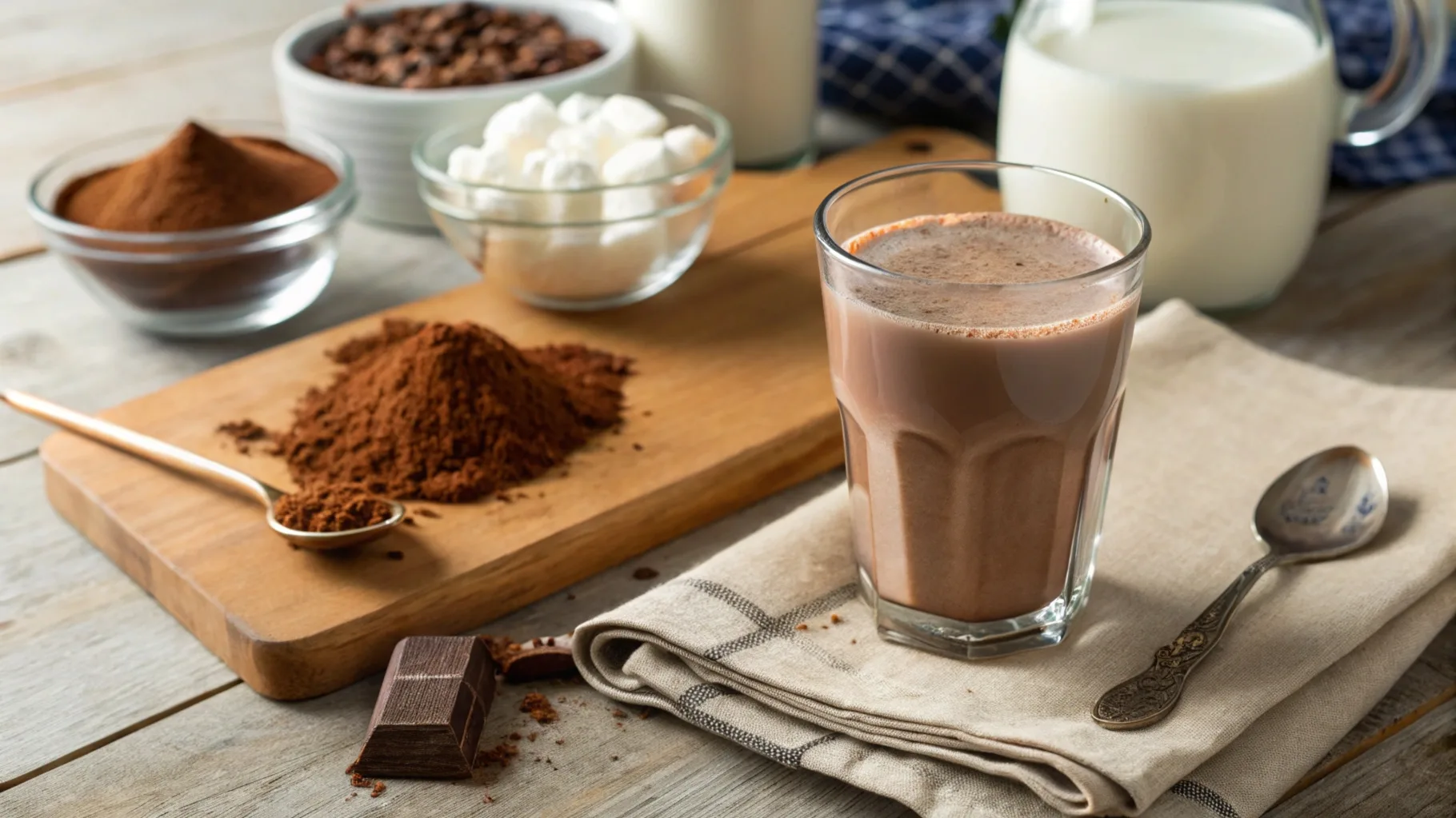 A glass of homemade chocolate milk surrounded by cocoa powder, milk, and a small whisk on a wooden countertop.