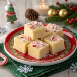 Close-up of creamy Christmas fudge topped with festive sprinkles, displayed on a holiday-themed platter.