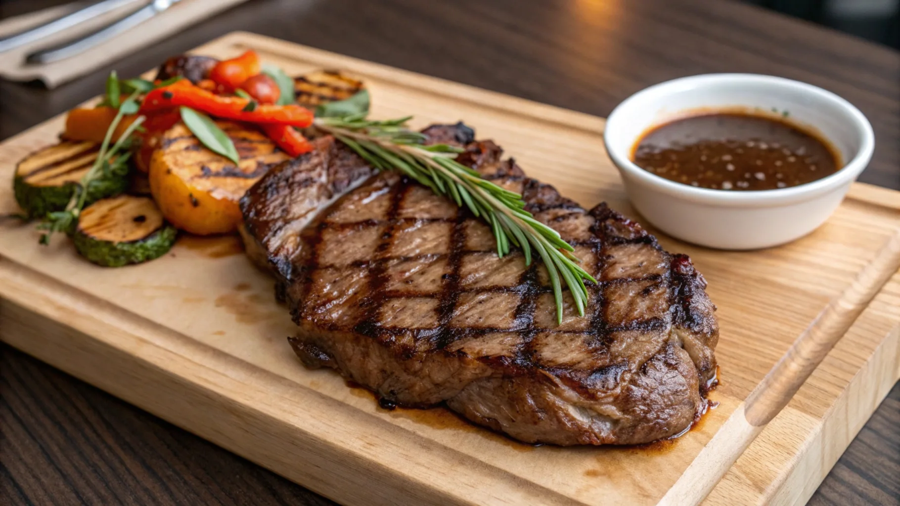 A perfectly grilled Delmonico steak garnished with fresh herbs, served on a wooden cutting board with roasted vegetables and a small bowl of steak sauce.