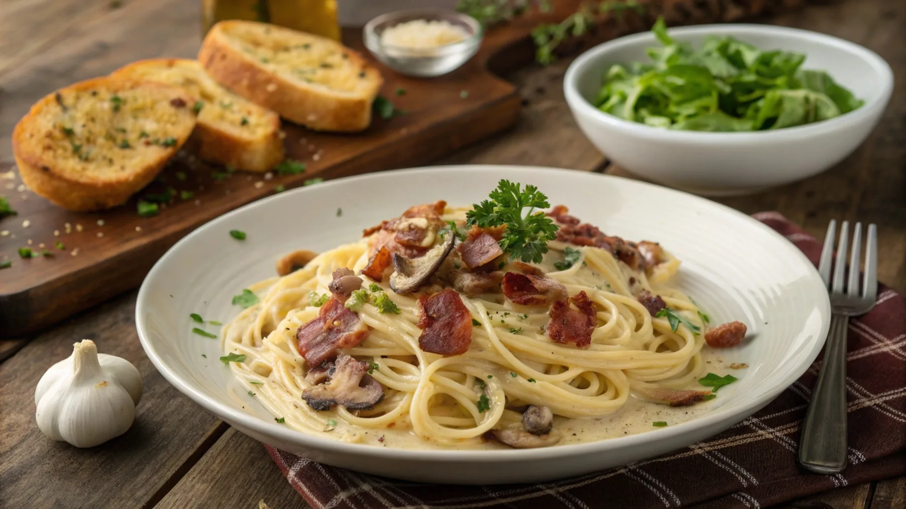 A plate of creamy Olive Garden spaghetti carbonara garnished with parsley, featuring crispy bacon, sautéed mushrooms, and Parmesan cheese.