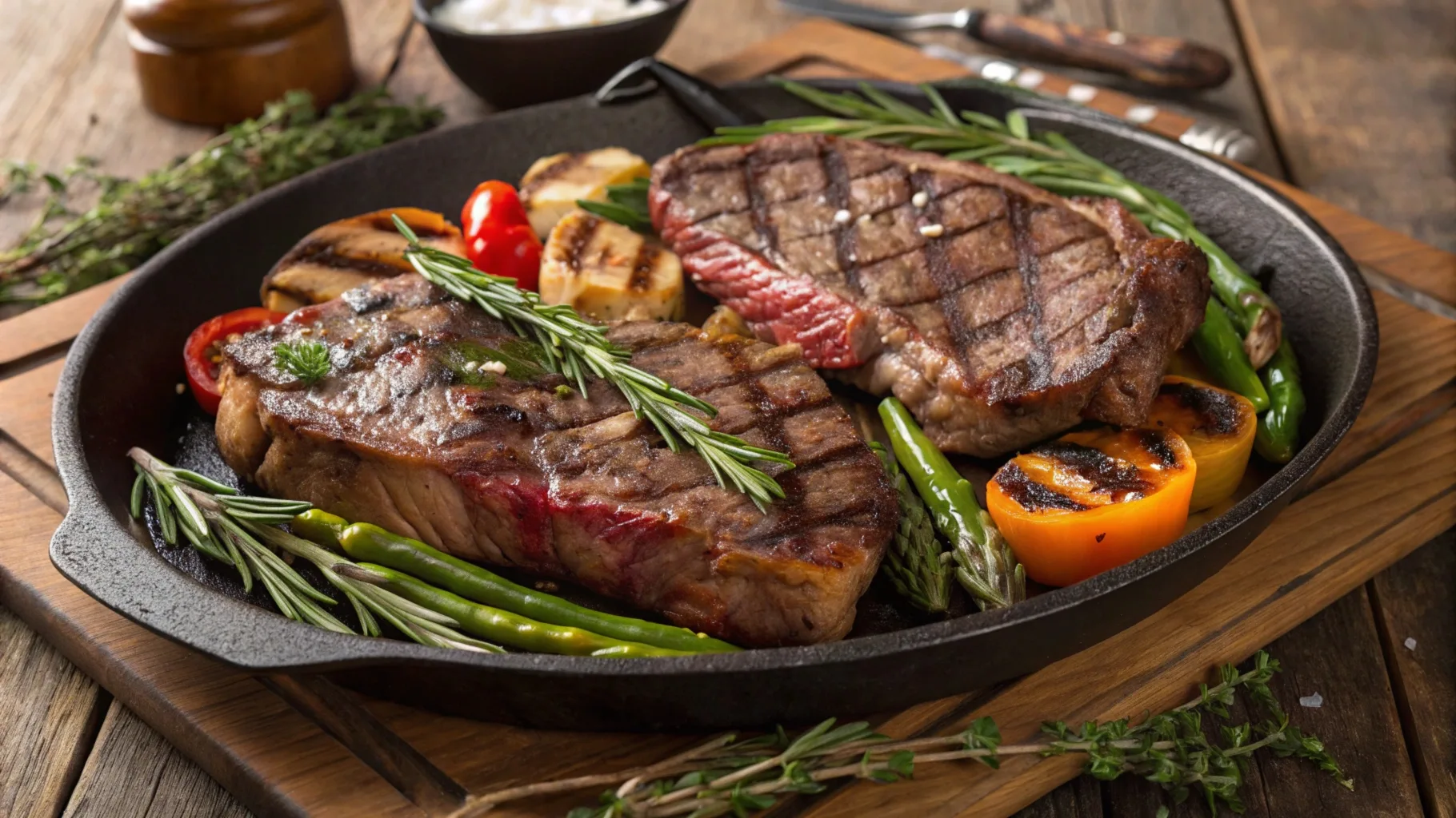 A sizzling Delmonico and ribeye steak on a plate, garnished with fresh herbs and vegetables.