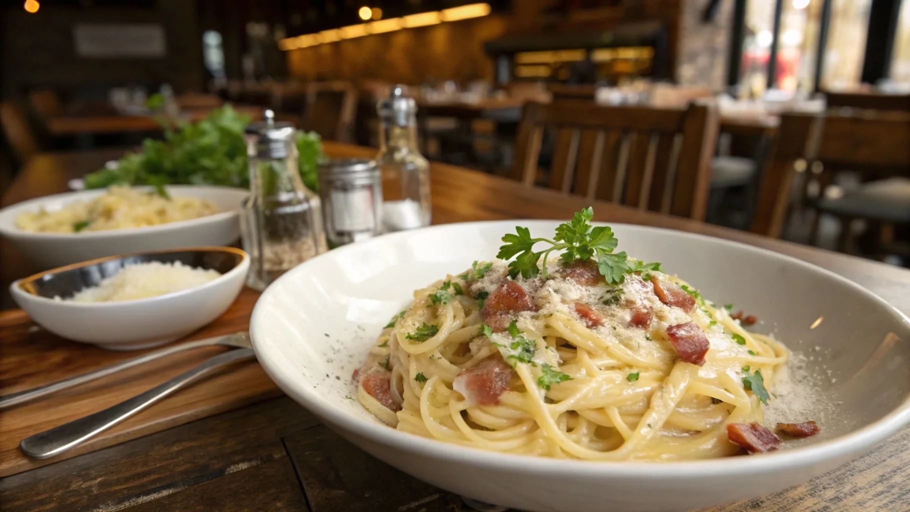 A creamy plate of Olive Garden-inspired carbonara pasta topped with grated Parmesan, crispy pancetta, and fresh parsley.