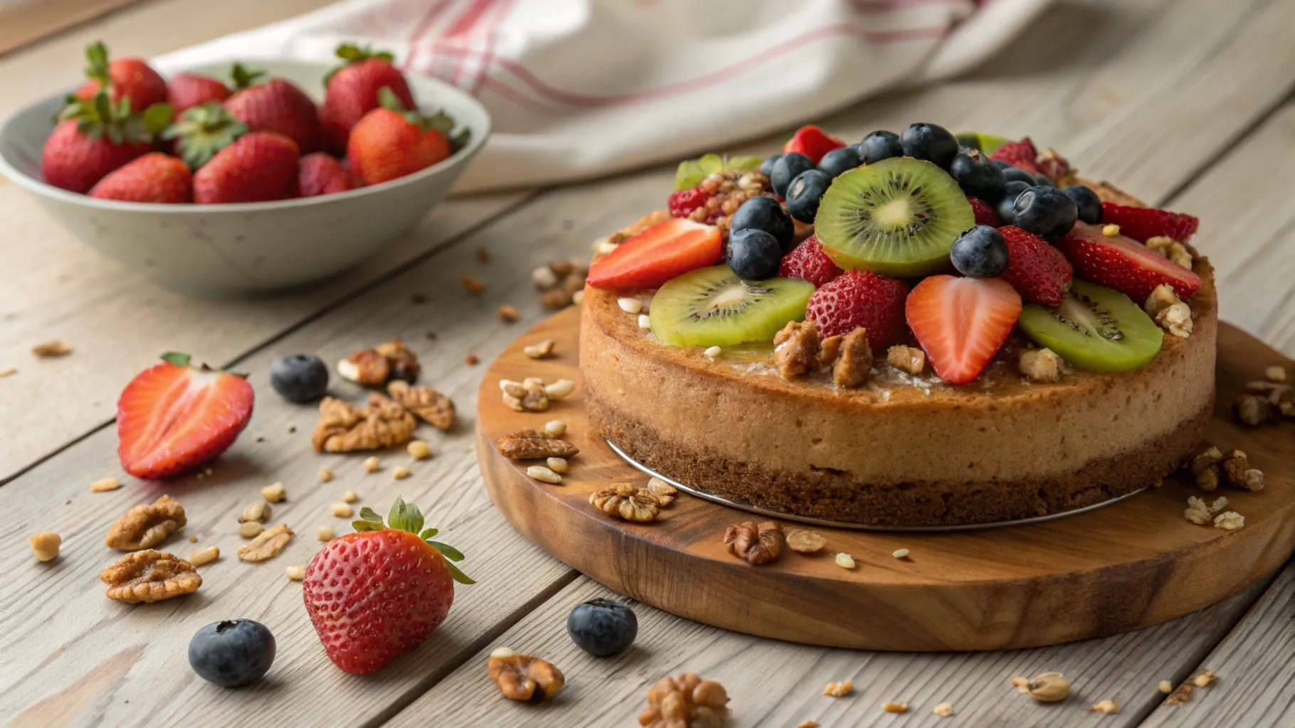 A delicious slice of healthy cake topped with fresh fruits and nuts, served on a rustic wooden table.