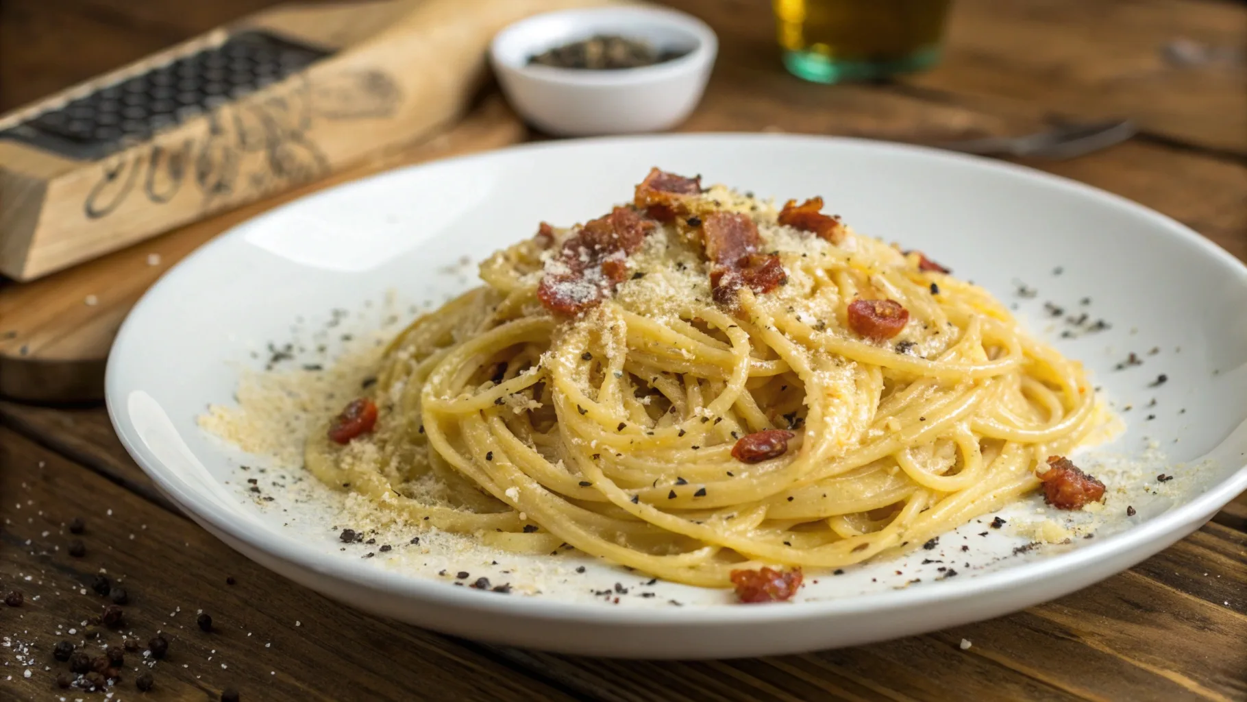 A plate of spaghetti carbonara topped with crispy guanciale, grated Pecorino Romano cheese, and freshly cracked black pepper.