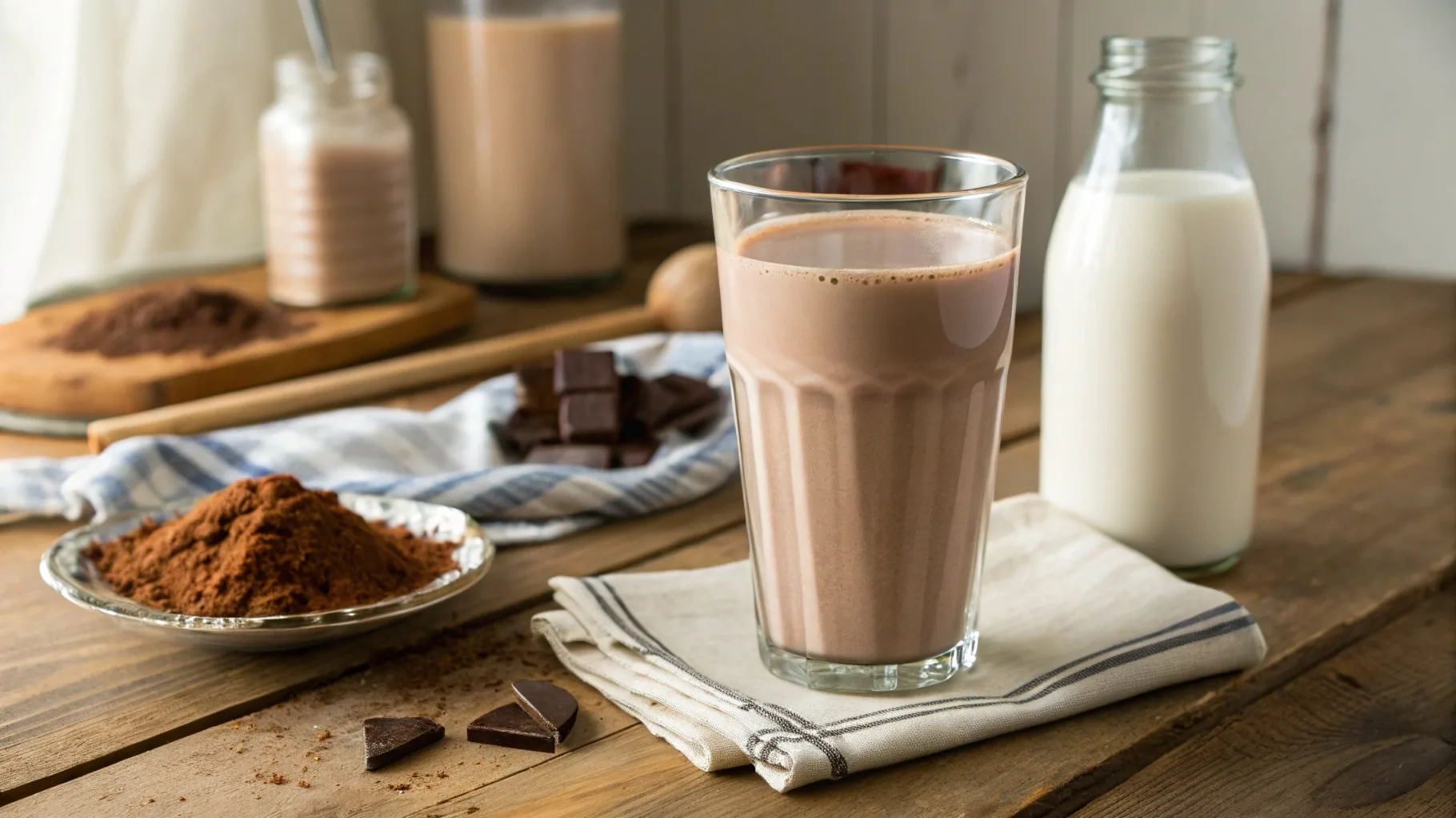 A tall glass of creamy chocolate milk on a wooden table, surrounded by cocoa powder, a jug of milk, and a spoon.