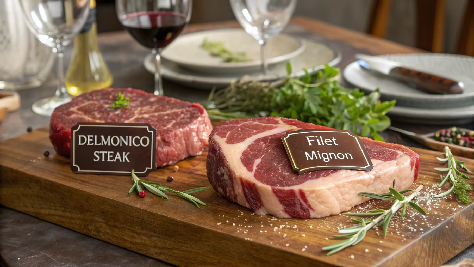 A comparison of Delmonico steak and filet mignon cuts placed on a rustic wooden cutting board, showcasing their distinct textures and appearances.