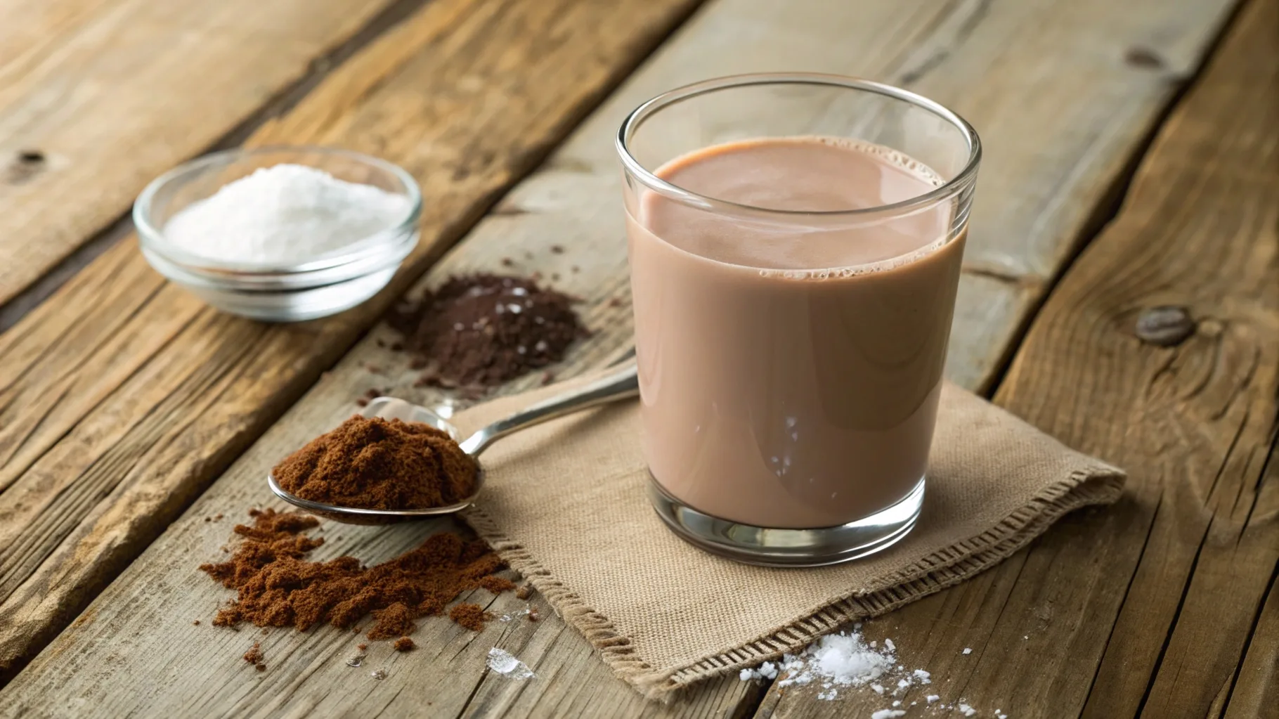 A glass of chocolate milk with cocoa powder and sugar on a rustic wooden table.