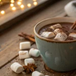 A steaming mug of creamy cocoa with milk, garnished with cinnamon and surrounded by cocoa powder and chocolate pieces on a wooden table.