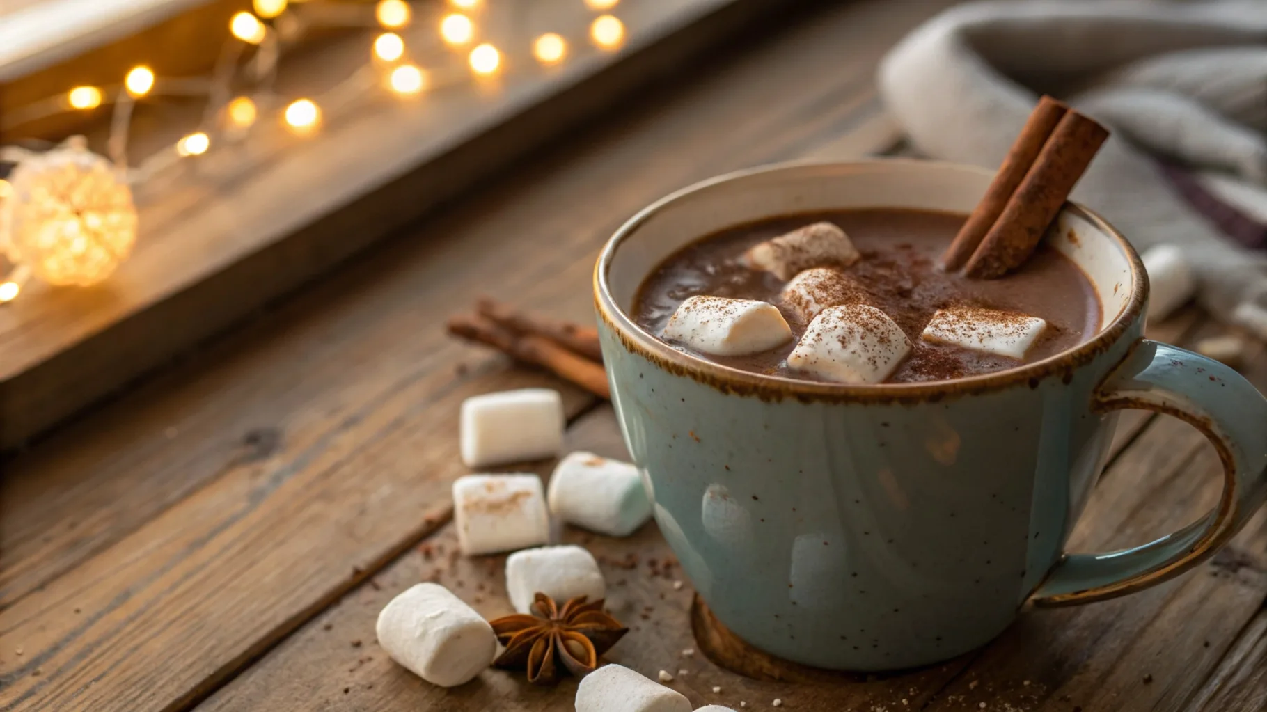 A steaming mug of creamy cocoa with milk, garnished with cinnamon and surrounded by cocoa powder and chocolate pieces on a wooden table.