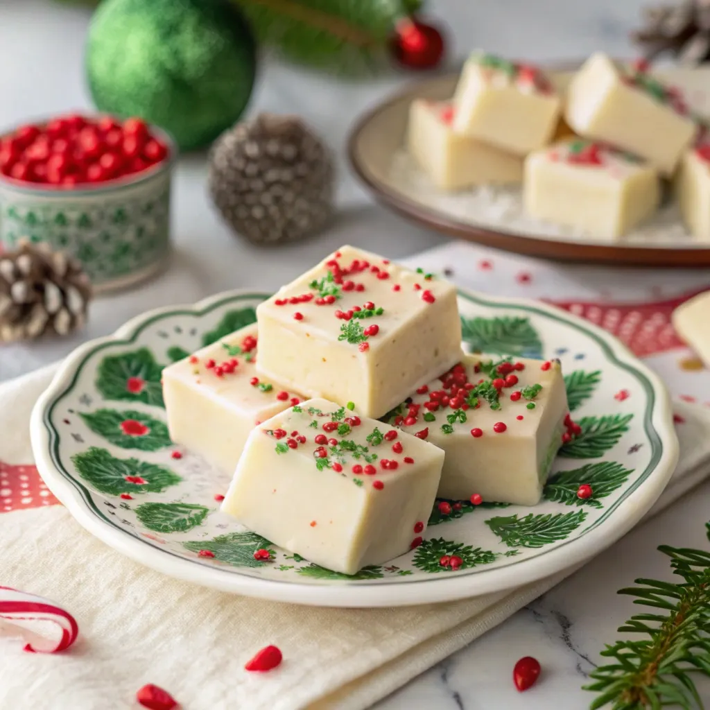 A plate of creamy white chocolate Christmas fudge topped with festive sprinkles, surrounded by holiday decorations like candy canes and pine branches.