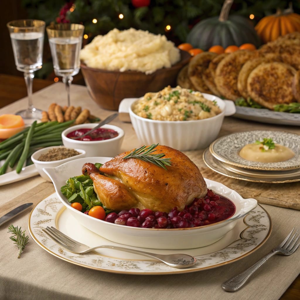 Whole Foods Thanksgiving dinner setup with stress-free holiday meal options, featuring roasted turkey, mashed potatoes, green beans, cranberry sauce, and pumpkin pie