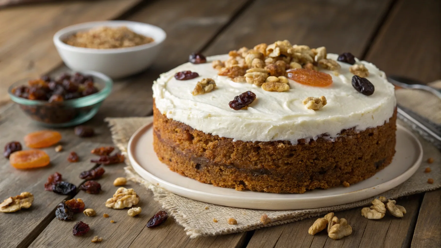 A beautifully frosted slice of Divorce Carrot Cake, featuring cream cheese frosting, crushed walnuts, and a moist interior with visible raisins and carrots.