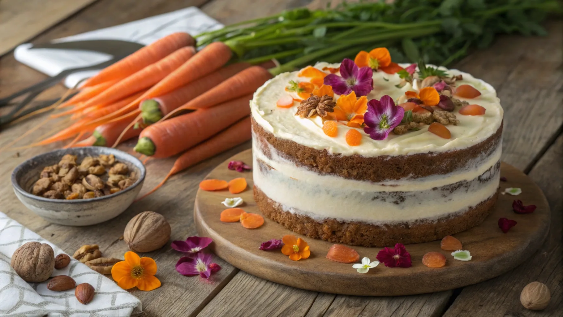 A beautifully decorated carrot cake topped with cream cheese frosting, candied carrot peel rosettes, and fresh edible flowers on a rustic wooden table.