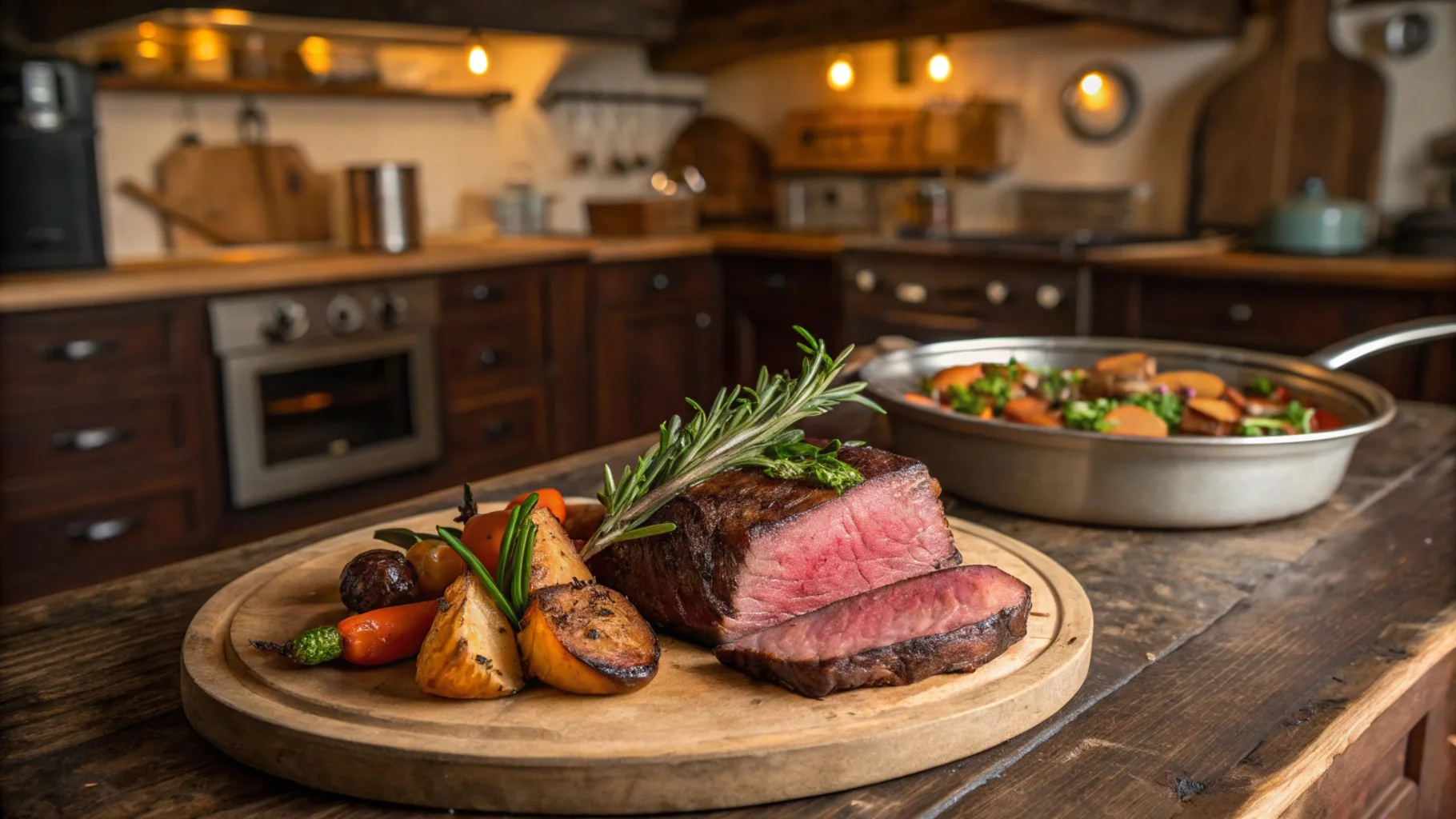 Juicy grilled venison steak served on a rustic wooden plate with roasted vegetables and fresh herbs.