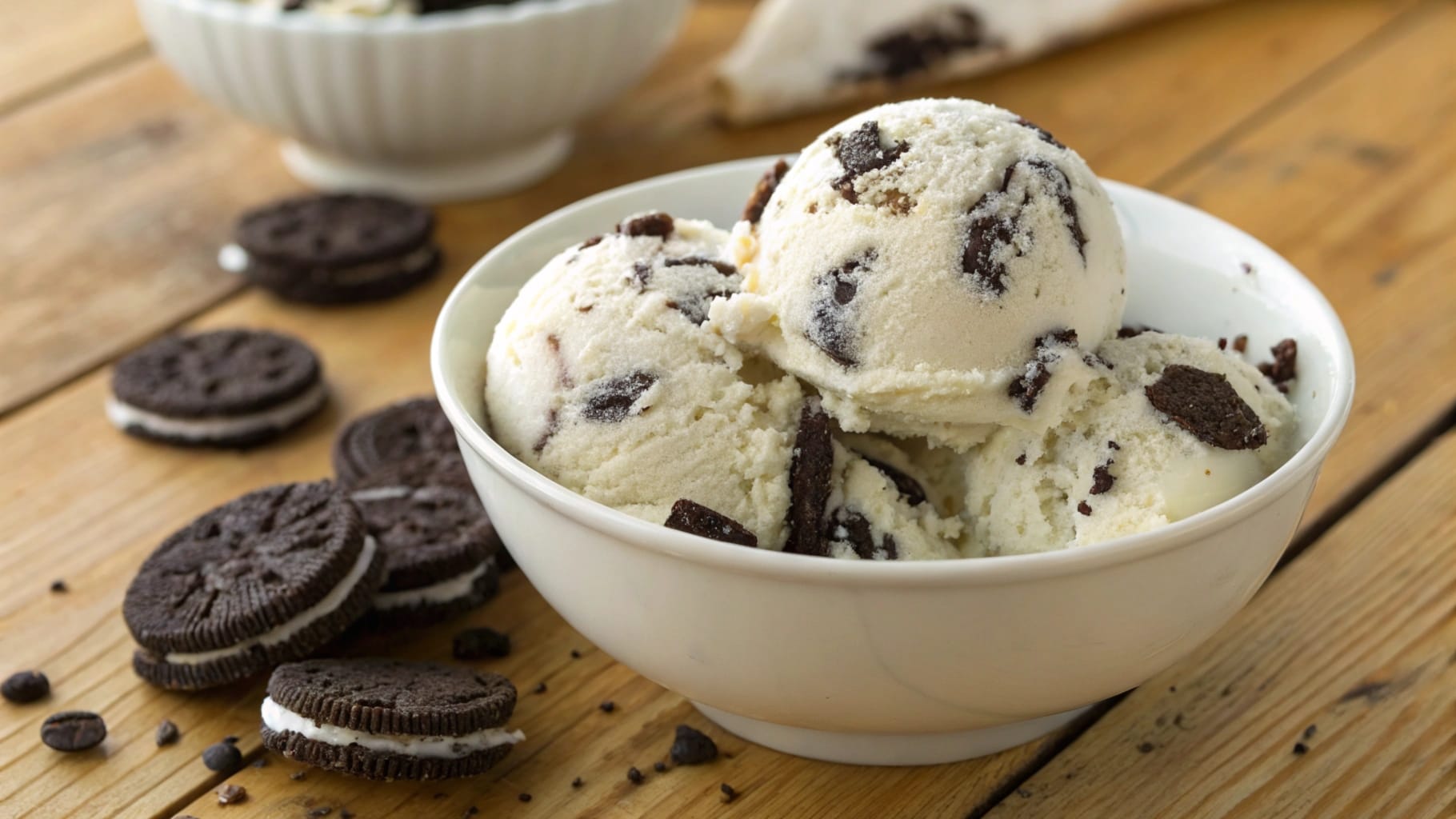 A bowl of Cookies and Cream ice cream with crushed chocolate cookies on a rustic wooden table.