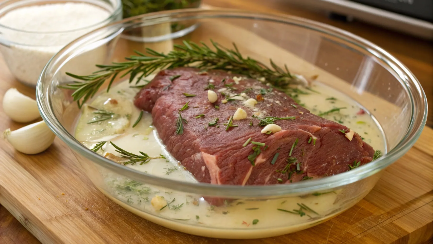 Deer roast soaking in a glass bowl with buttermilk, herbs, and garlic on a wooden kitchen counter