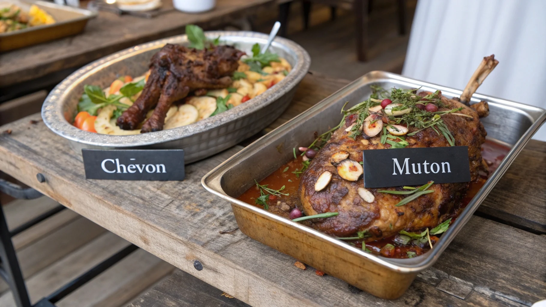 A side-by-side comparison of a goat curry labeled "Chevon" and a roasted lamb leg labeled "Mutton" on rustic wooden tables.