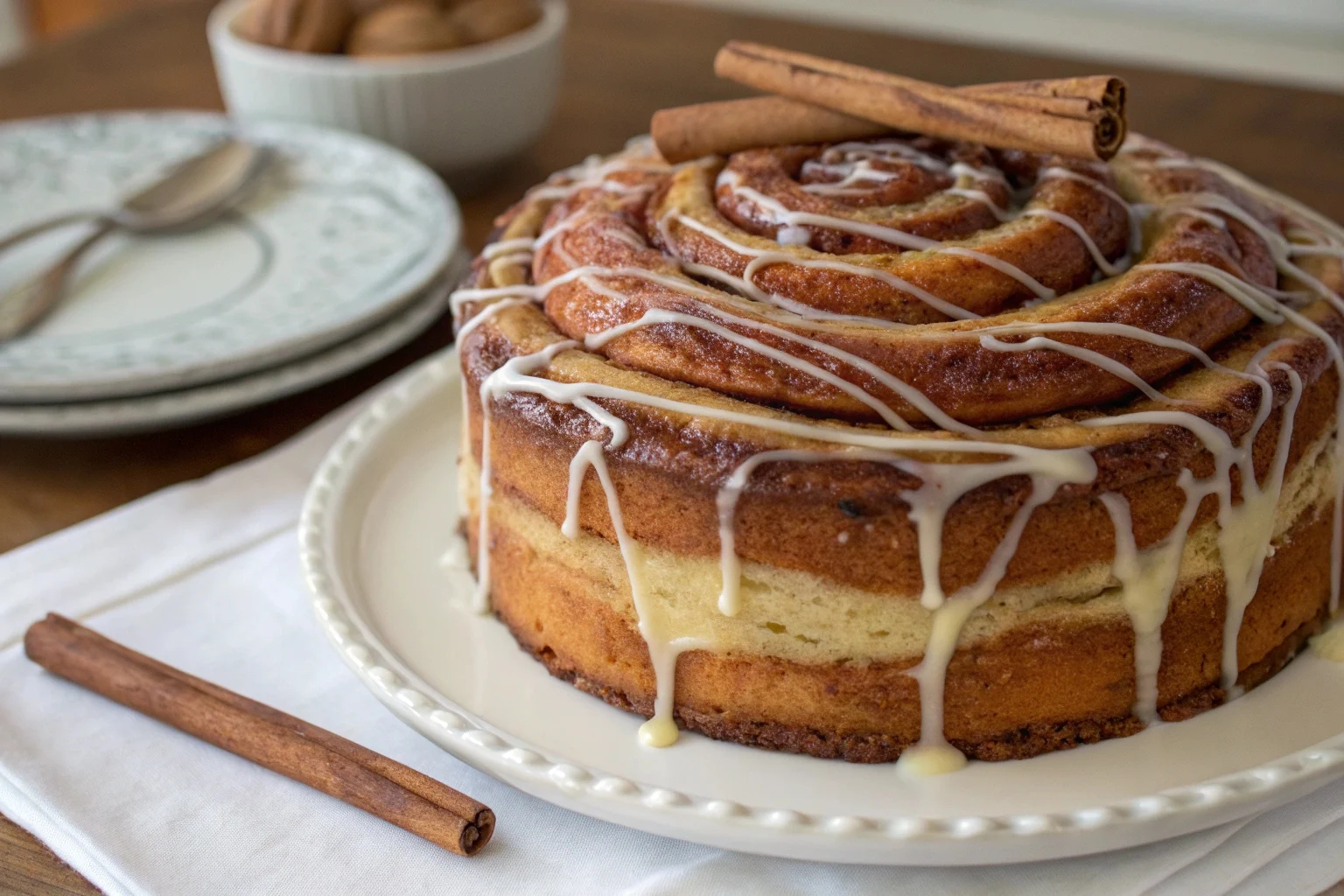 "A moist honey bun cake topped with cinnamon sugar swirl and sweet vanilla glaze served on a rustic wooden table."