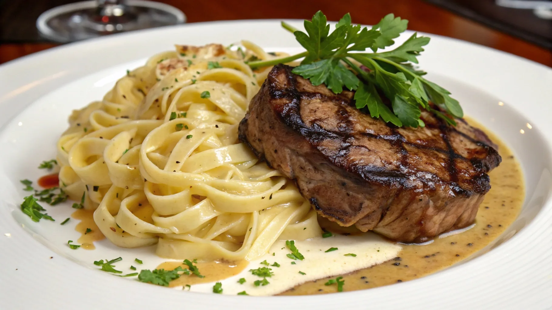 A beautifully plated dish featuring juicy steak slices paired with creamy pasta, garnished with fresh parsley and Parmesan cheese.