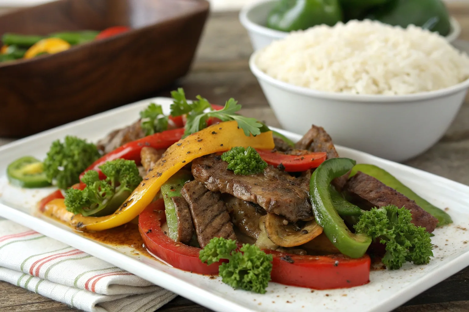 A vibrant plate of pepper steak with tender beef strips, colorful bell peppers, and glossy sauce served with rice.