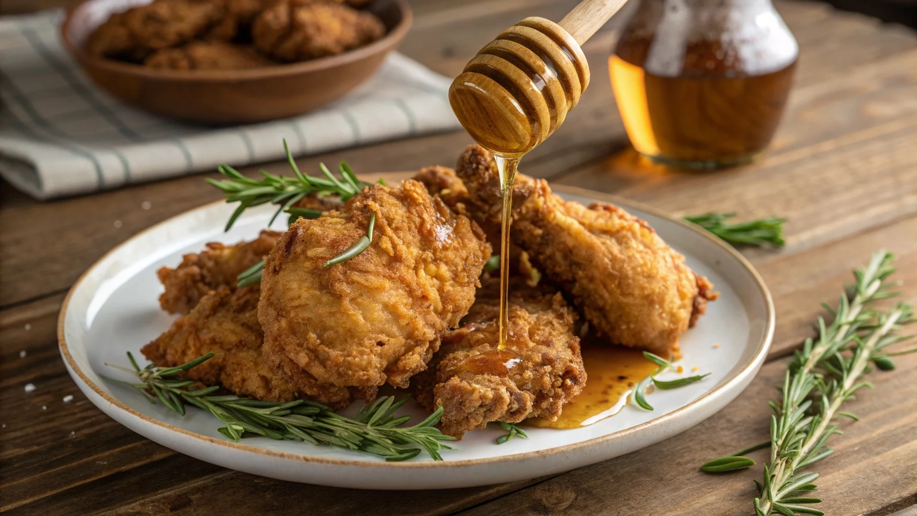 A plate of crispy fried chicken drizzled with golden honey, garnished with fresh herbs, served on a rustic wooden table.