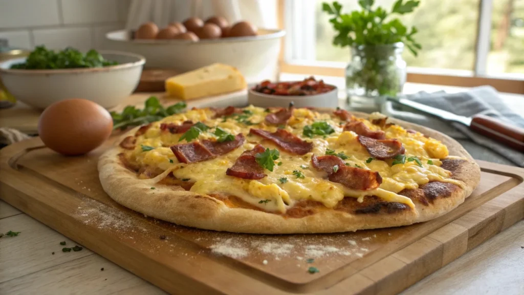 A freshly baked breakfast pizza topped with scrambled eggs, crispy bacon, melted cheese, and green onions, served on a wooden board.