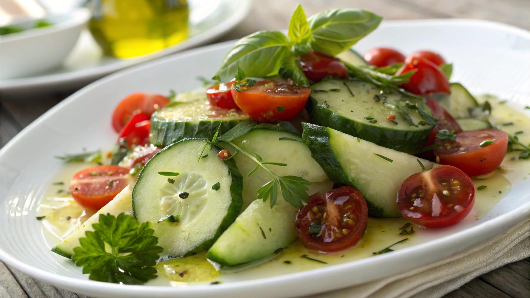 A fresh cucumber salad with cherry tomatoes, red onions, and herbs, drizzled with a light vinaigrette, served in a white bowl.