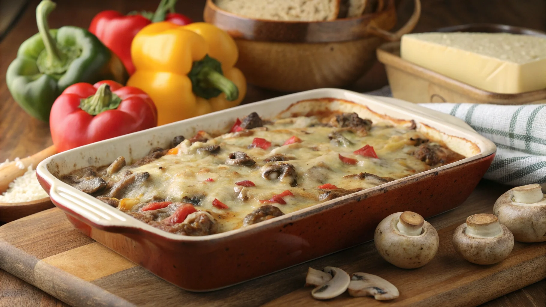 "Freshly baked Philly cheese steak casserole in a rustic baking dish, topped with melted provolone cheese, surrounded by fresh bell peppers and onions."