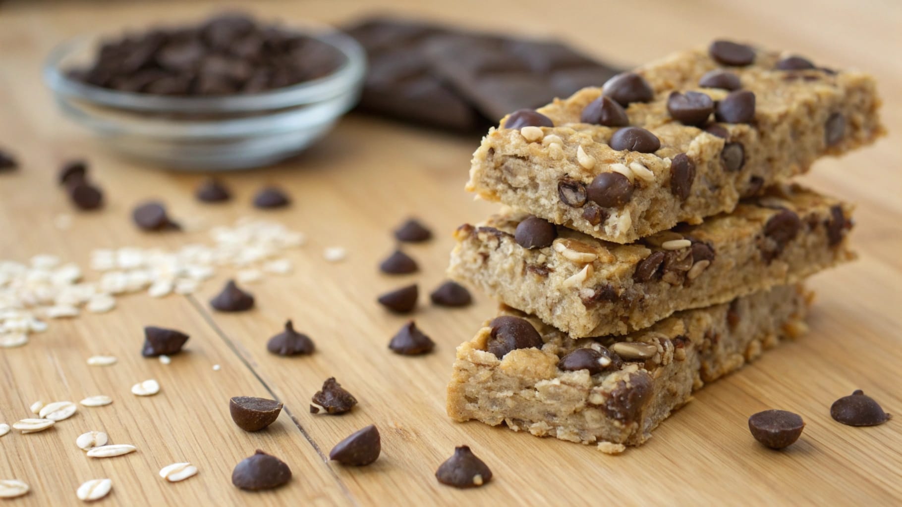 A stack of chewy chocolate chip granola bars with oats and chocolate chips scattered around, placed on a wooden table.