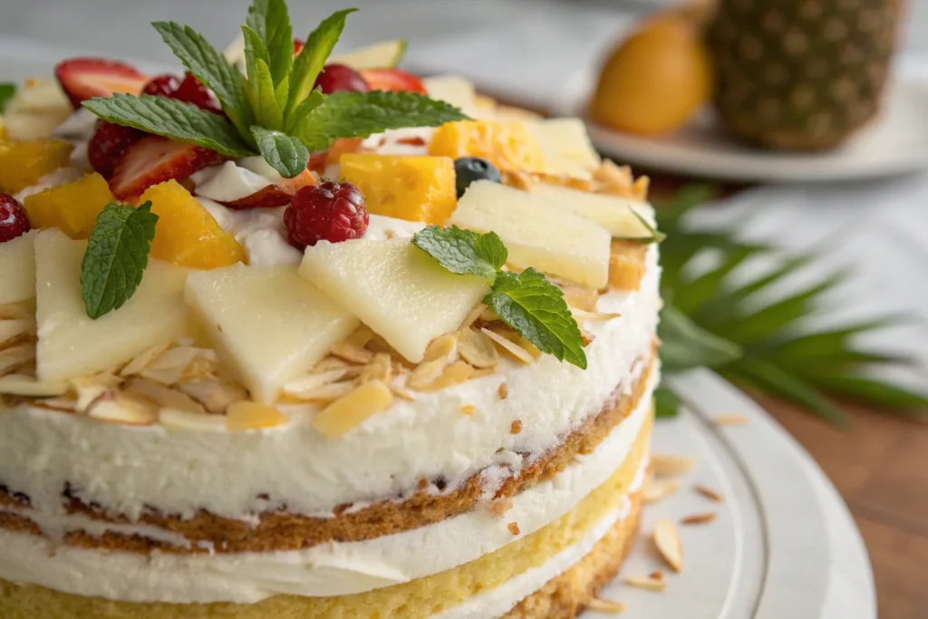 Pineapple coconut dream cake with tropical garnishes