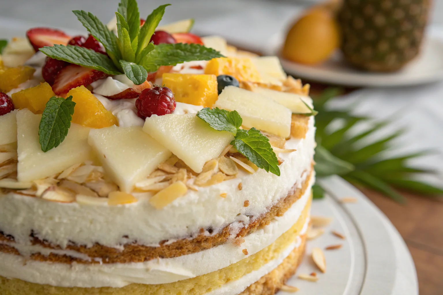 Pineapple coconut dream cake with tropical garnishes