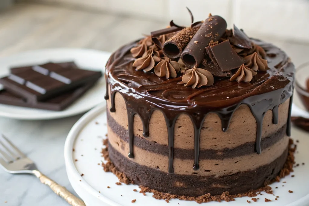 Chocolate layer cake with ganache frosting and chocolate curls.