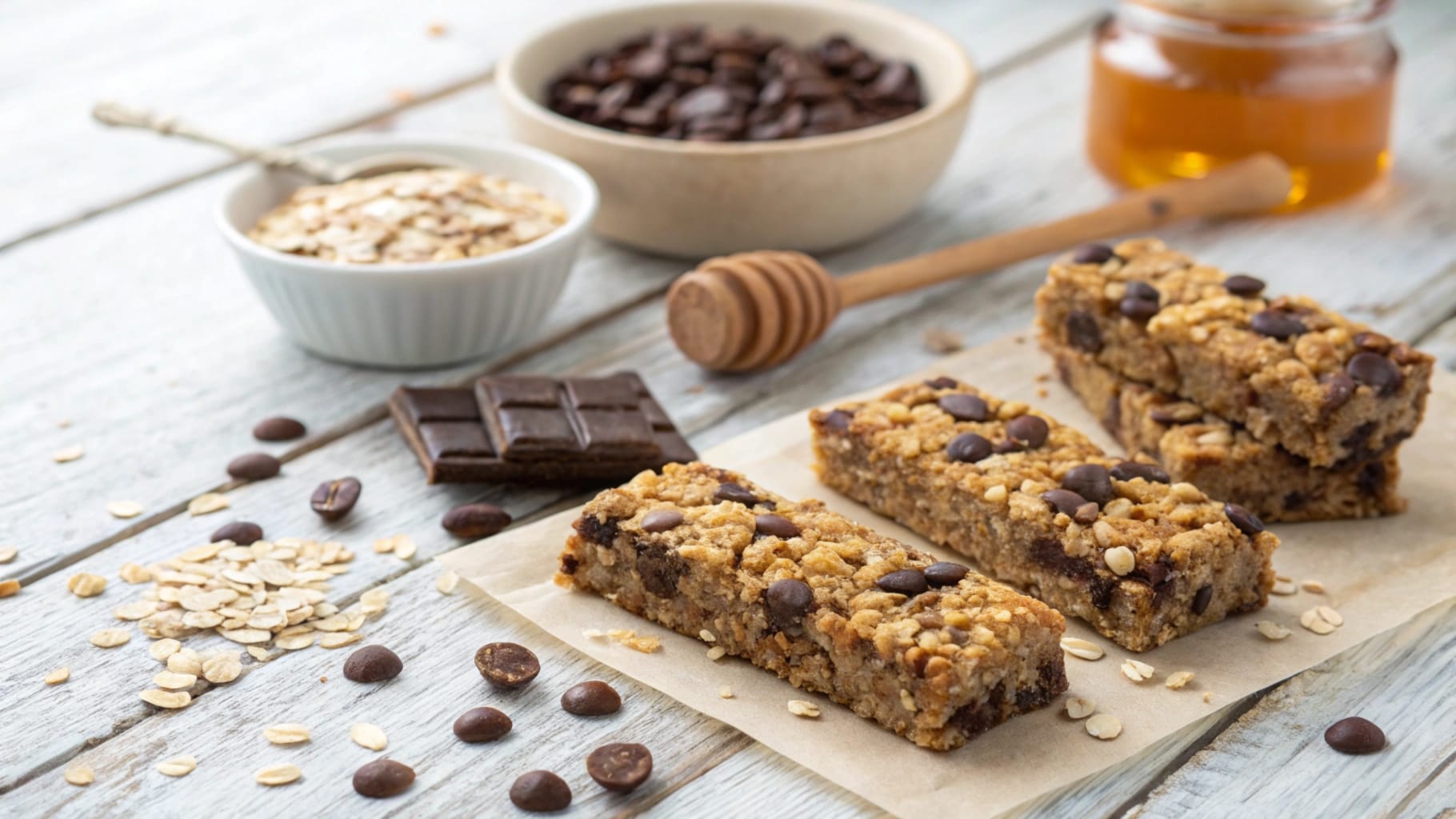 A close-up of several chocolate chip granola bars on a wooden table, surrounded by oats, chocolate chips, and honey.