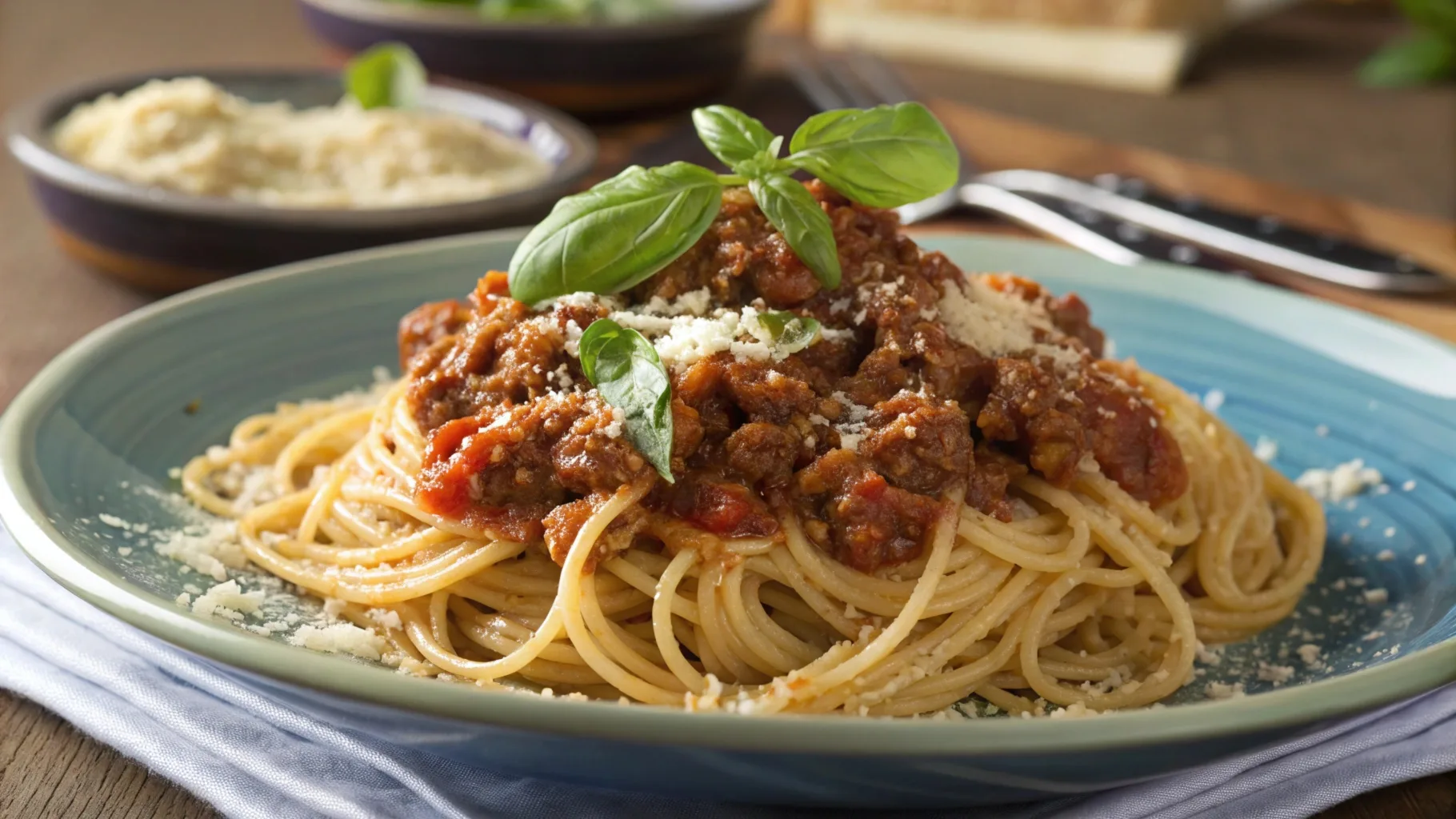 A close-up of spaghetti topped with a rich Bolognese sauce, garnished with fresh basil and Parmesan cheese.