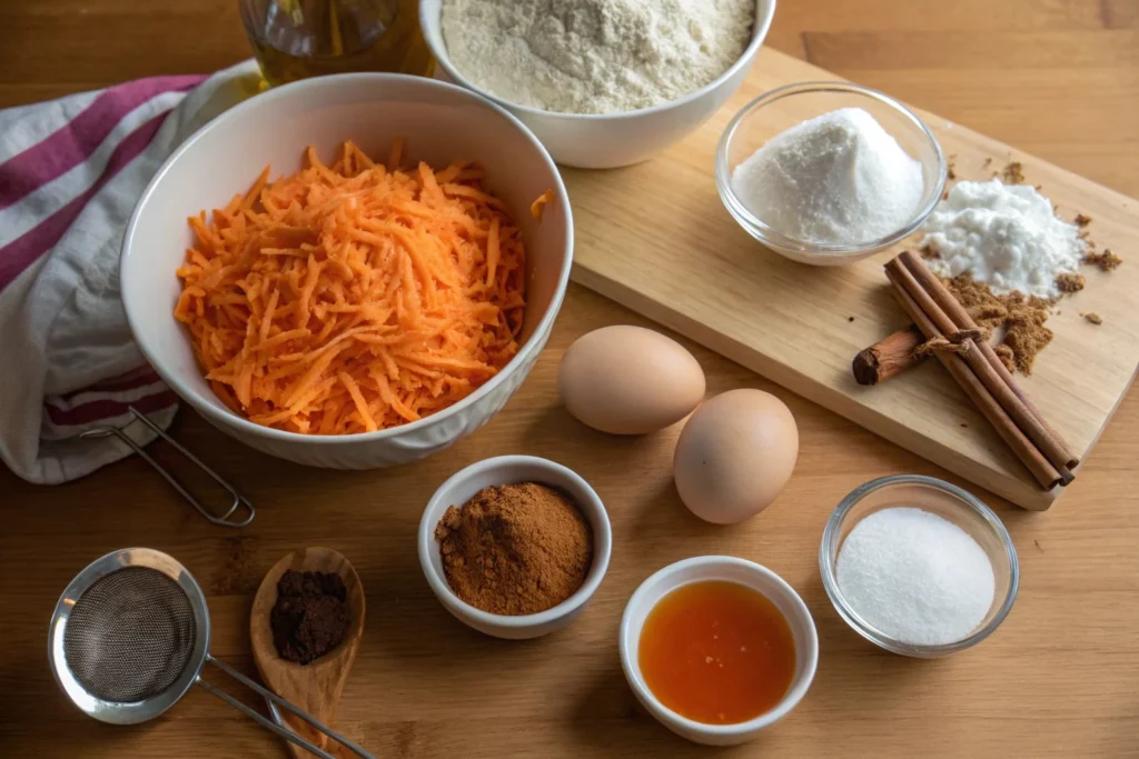 Ingredients for making ultimate carrot cake bars with cream cheese frosting.