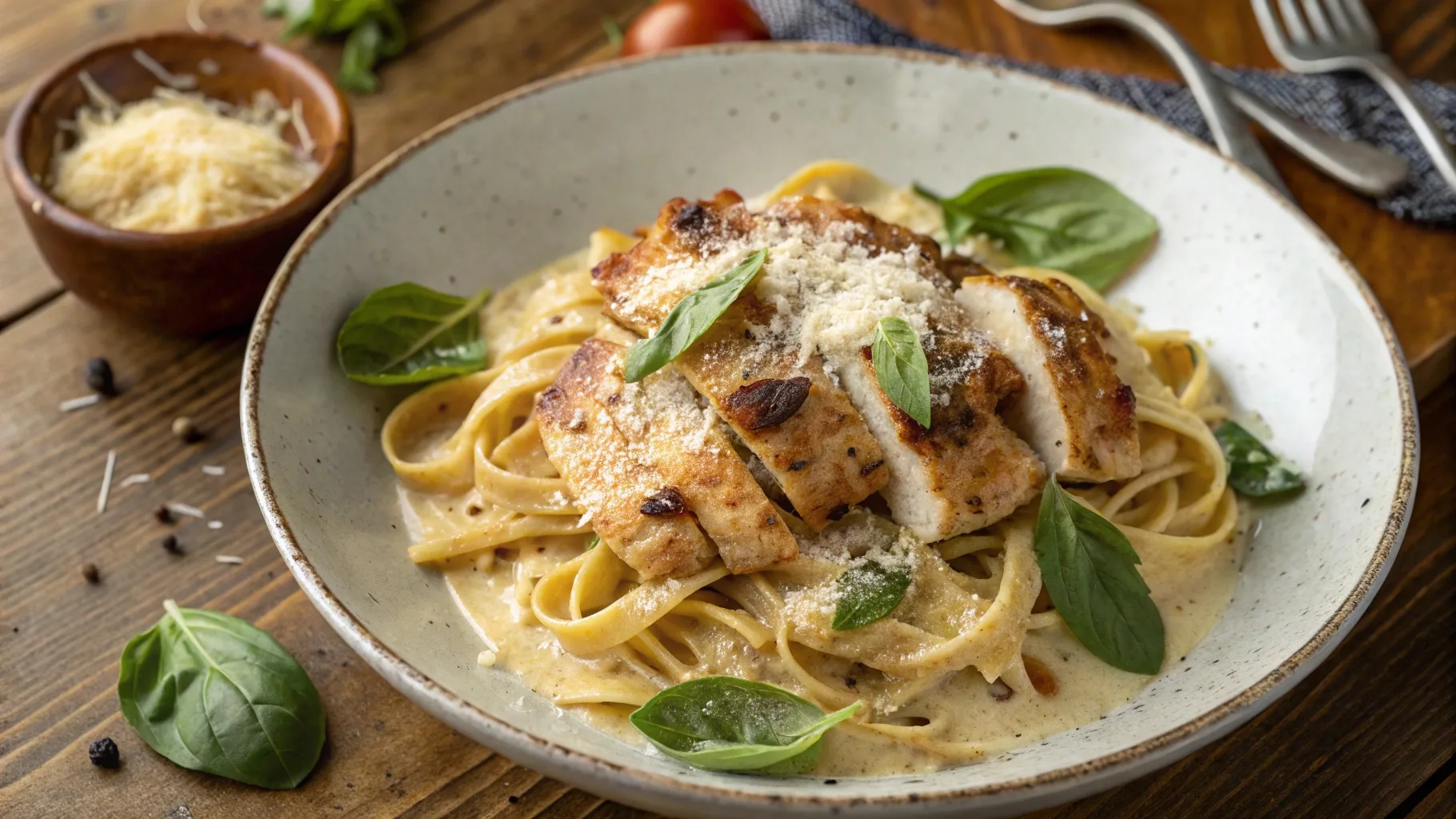 A plate of creamy marry me chicken pasta with sun-dried tomatoes, basil, and parmesan on a rustic wooden table.